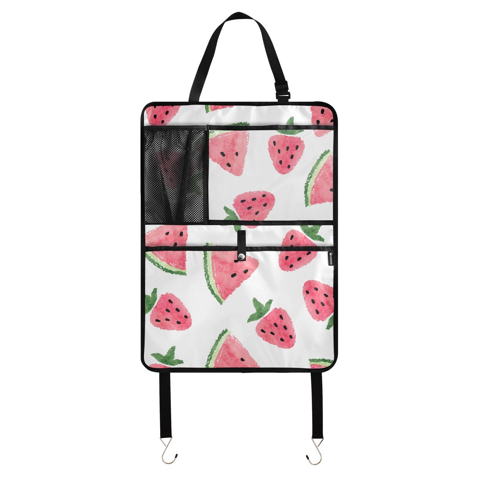 Aflyko Car Seat Back Organizer with Pockets - Watercolor Strawberry Watermelon Print, Pink Kick Mat & Backseat Protector - 1 Pack | Perfect for Road Trips, Family Travel & Keeping Your Vehicle Organized