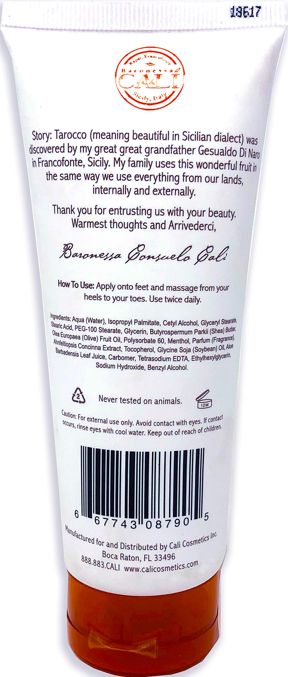 Baronessa Cali Tarocco Sicilian Blood Orange Foot Cream - Hydrating & Refreshing Moisturizer for Dry Cracked Feet - 4oz - Perfect for Pedicures, Spa Days & Post-Workout Foot Care