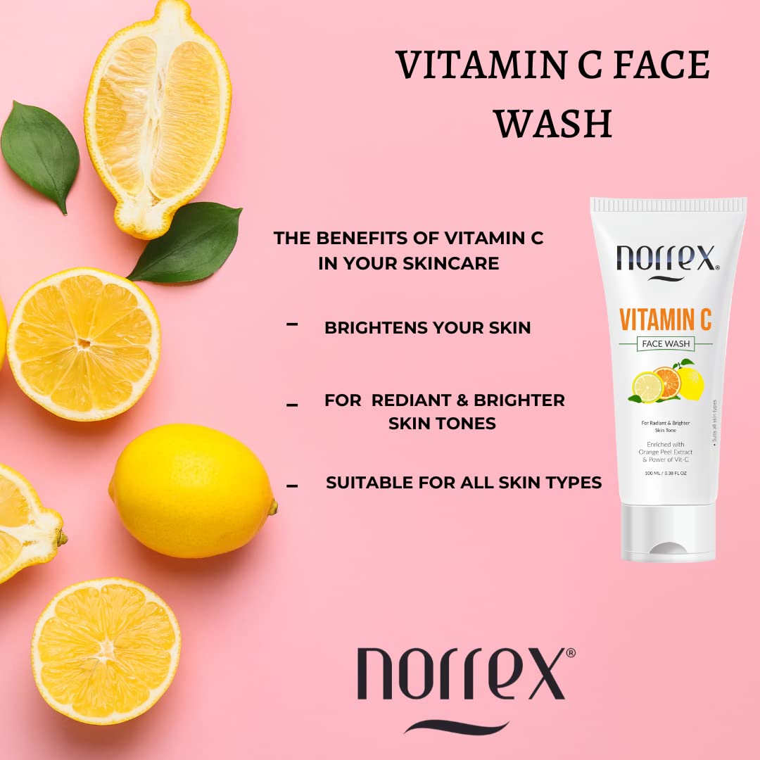 Norrex Vitamin C & Turmeric Face Wash 100ml - Brightening Cleanser for Glowing Skin | Antioxidant-Rich Formula for Dullness & Uneven Tone | Perfect for Morning & Night Skincare Routine