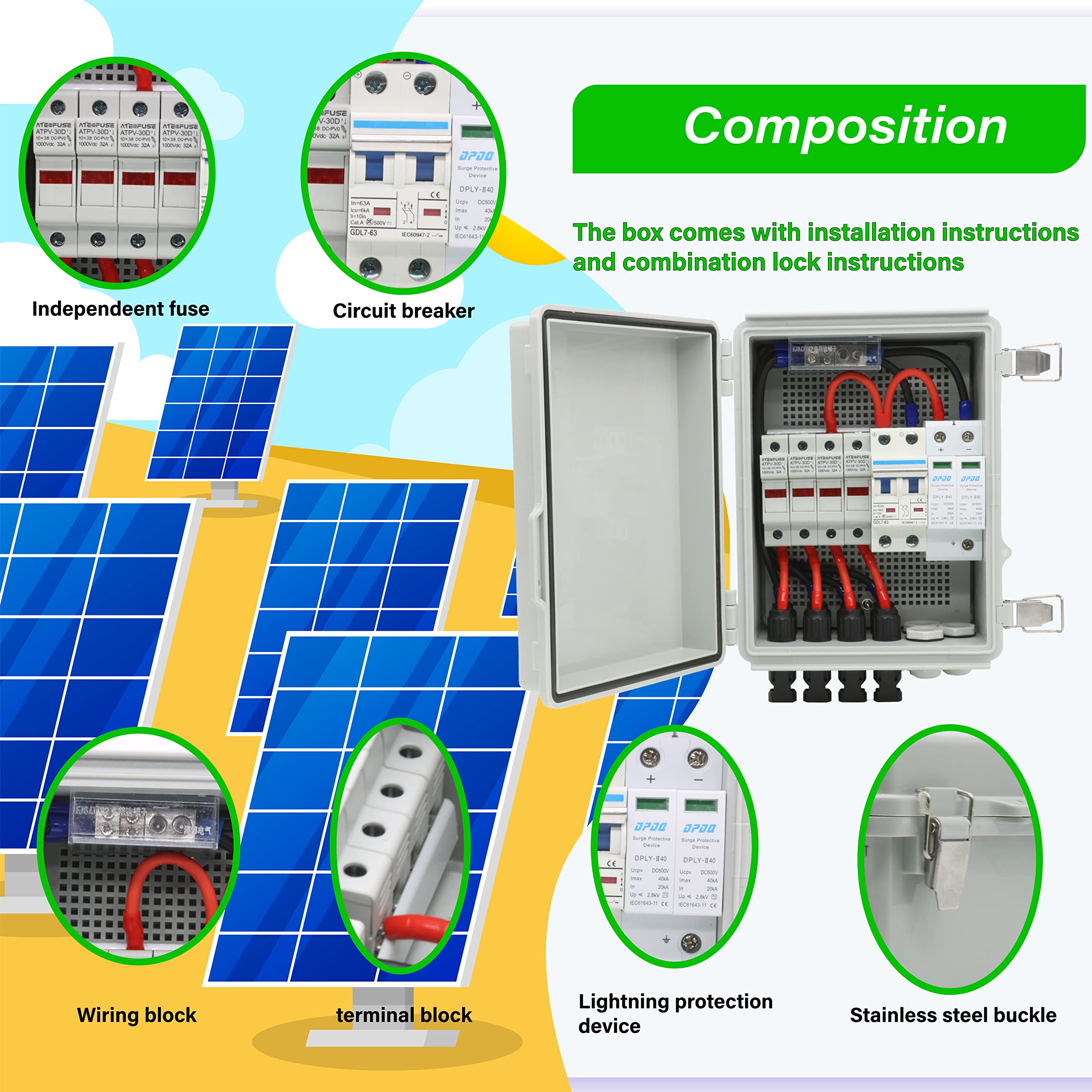 4 String Solar Combiner Box IP65 Waterproof - On/Off Grid Solar System with Lightning Arrester, 15A Fuse & 63A Circuit Breaker - Durable Plastic Enclosure for Home & Commercial Solar Panel Installations