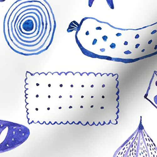Appetit Blue Fish Food Breakfast Platter Printed Denim Fabric by The Yard - Bottomweight Cotton for Apparel, Home Decor & Upholstery - Perfect for DIY Sewing Projects, Curtains, and Table Runners