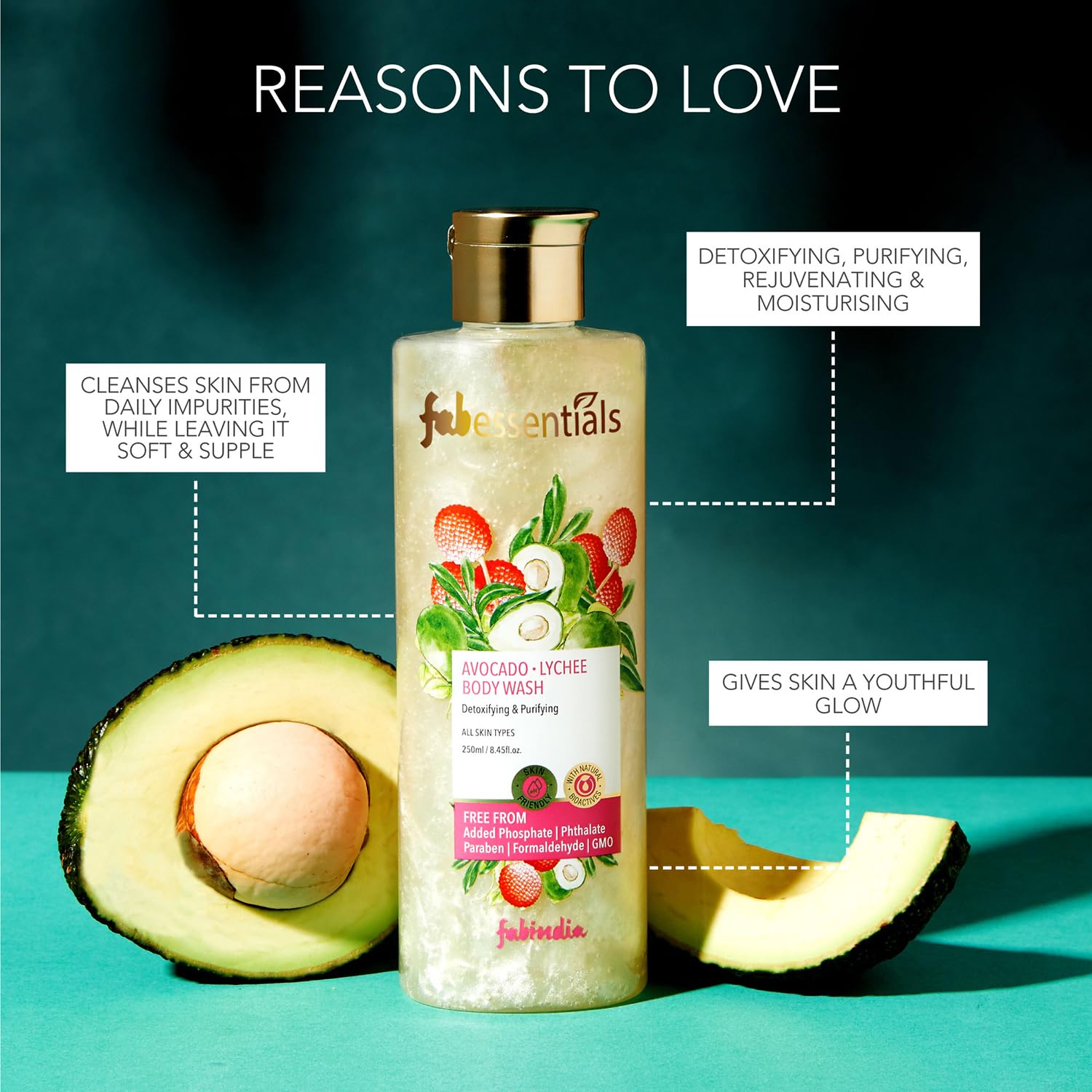 Fabessentials Avocado Lychee Body Wash - 250ml | Almond Oil Infused | Detoxifying & Purifying Body Wash for Daily Skin Cleansing | Rejuvenating & Moisturizing Body Lotion with Deep Nourishment & Skin Brightening | Perfect for Shower, Spa & Daily Skincare Routine