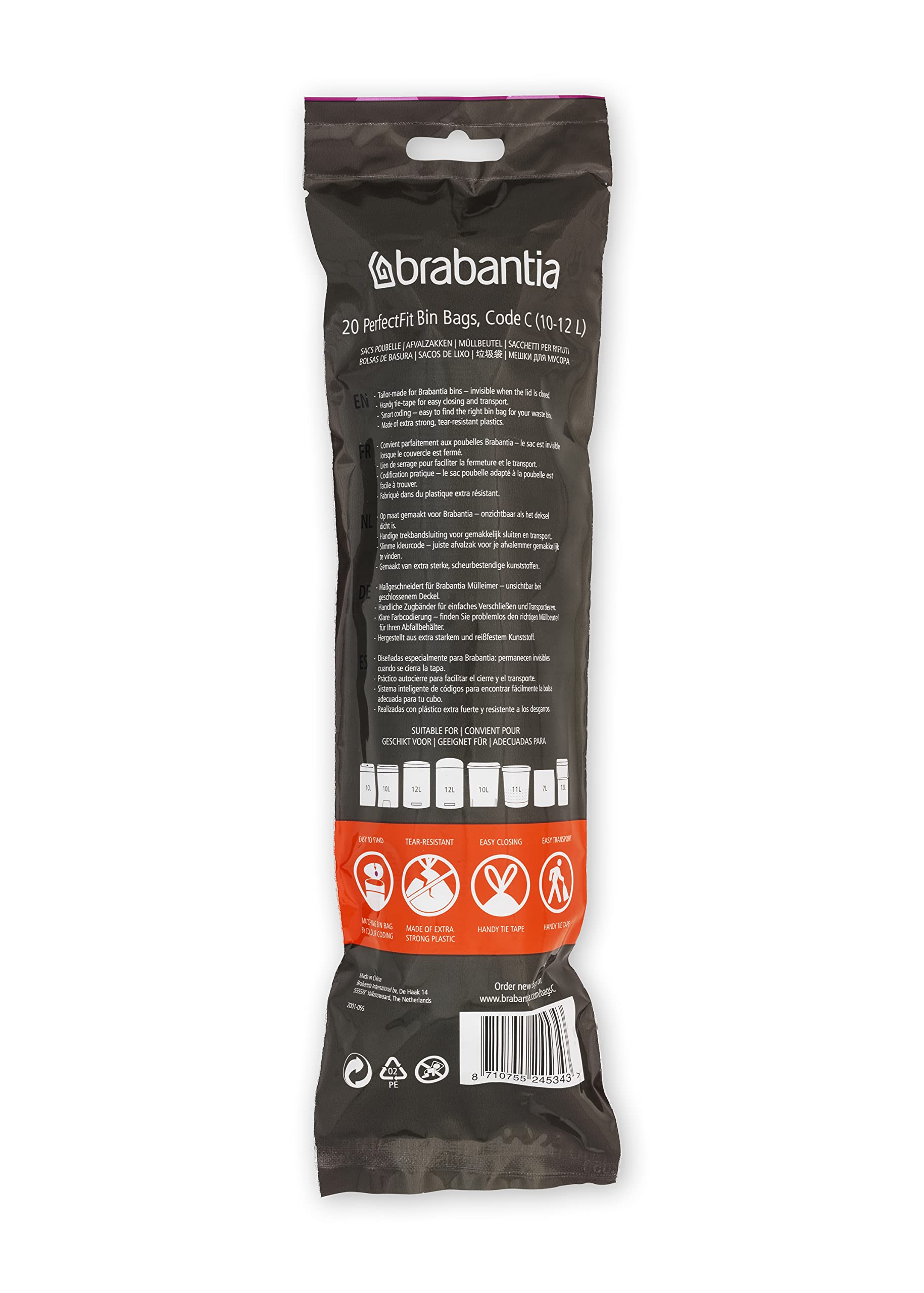 Brabantia PerfectFit Trash Bags Size C (2.6-3.2 Gallon) - Heavy Duty Drawstring Trash Can Liners, 200 Count - Ideal for Kitchen, Bathroom & Office Waste Bins