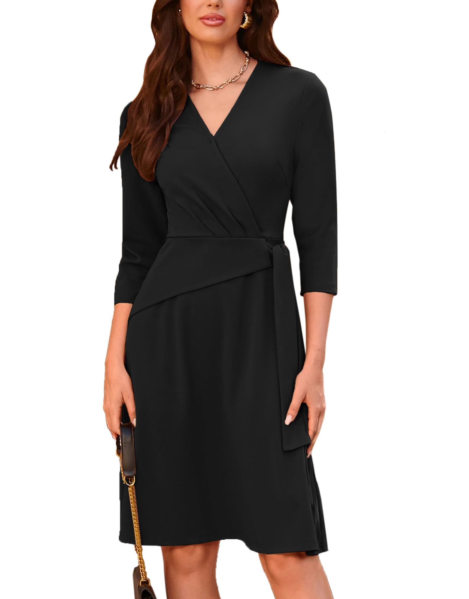 GRACE KARIN Women's Cocktail Dress - Faux Wrap V-Neck Pleated 3/4 Sleeve Stretchy Midi A-Line Dress for Wedding Guest, Party, Office & Special Occasions