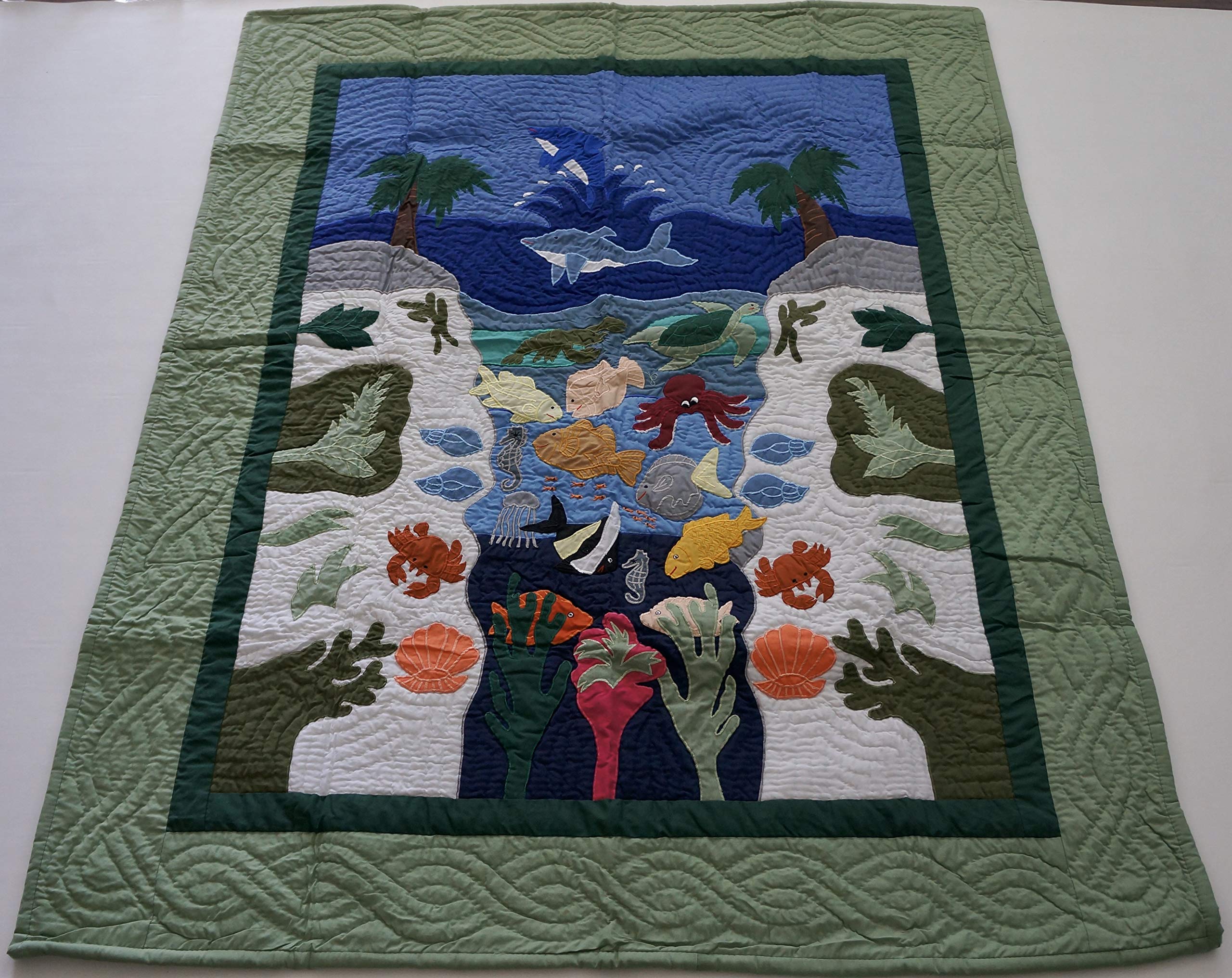 Hawaiian Quilt Baby Blanket & Wall Hanging - Handmade Ocean Theme Quilted Blanket with Machine Embroidery | Perfect for Nursery Decor, Baby Shower Gifts & Coastal Home Décor