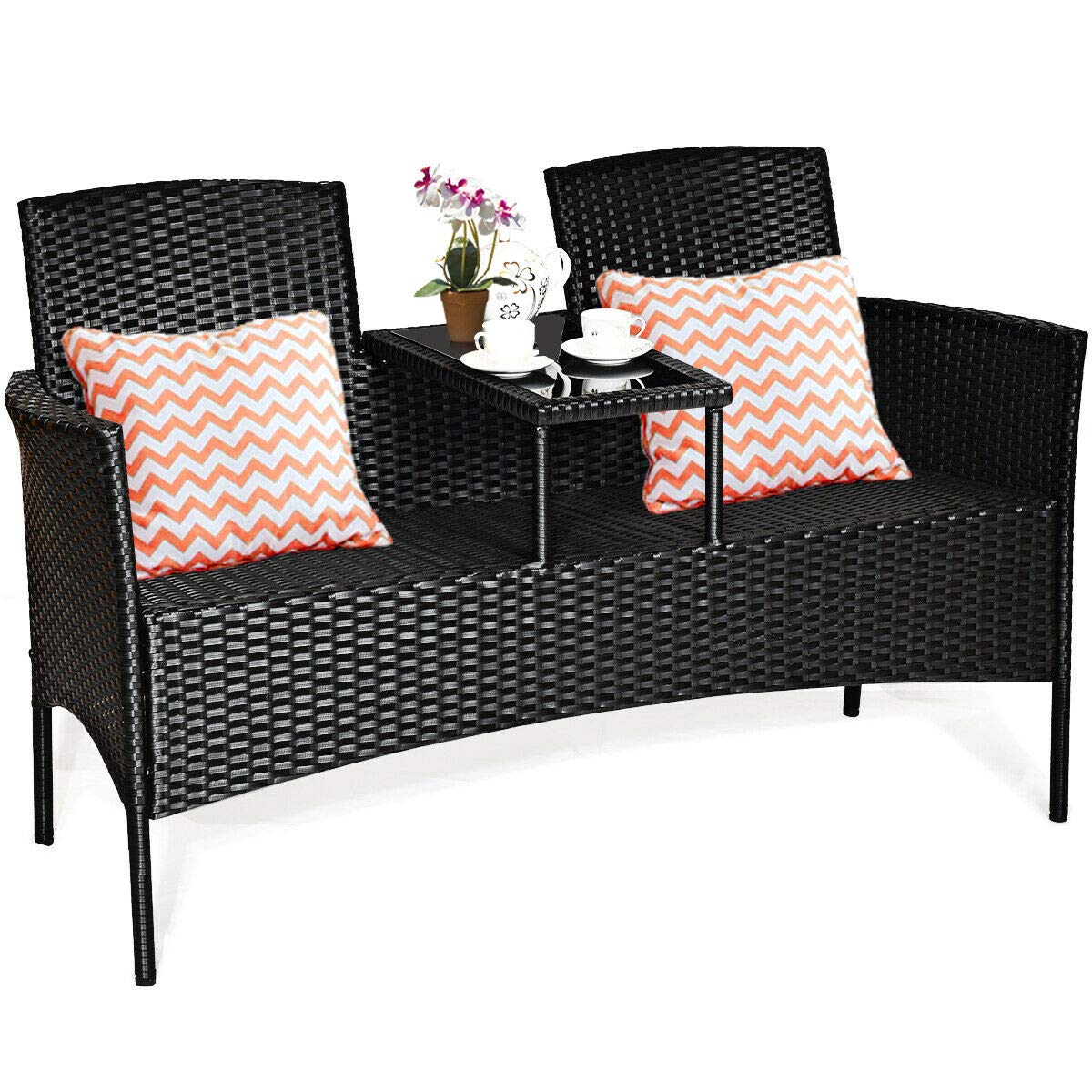 Relax4Life Outdoor Rattan Wicker Conversation Set with Coffee Table & 2 Removable Cushion Chairs - Patio, Garden, Balcony, Lawn Furniture for Porch, Backyard & Poolside (Black & Red)