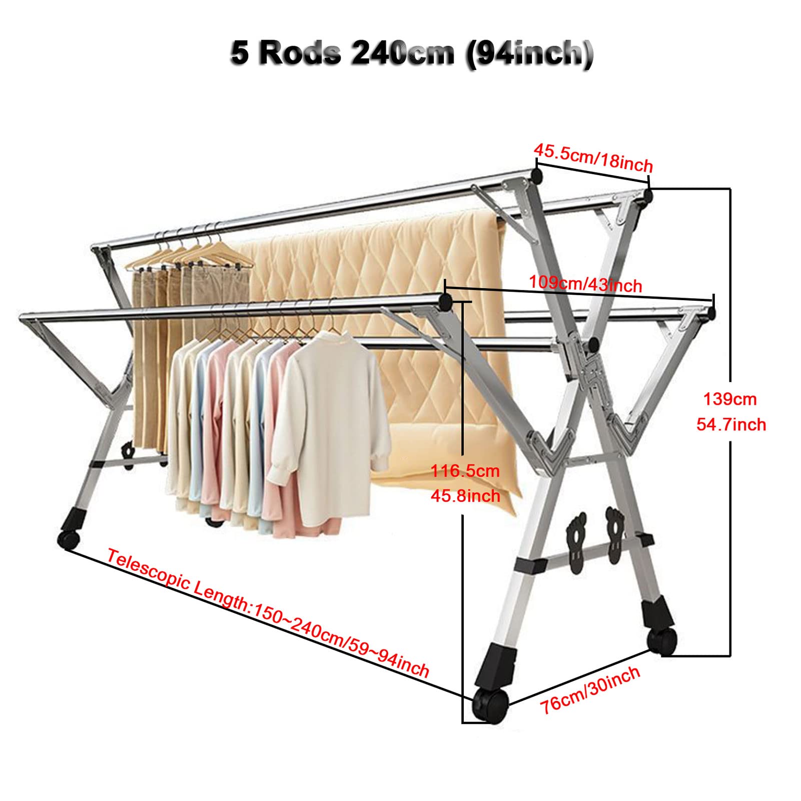 5-Tier Portable Clothes Drying Rack with 20 Windproof Hooks - Foldable Laundry Rack for Blankets, Towels & Clothing - Indoor Outdoor Space Saving Solution for Apartments, Balcony & Travel