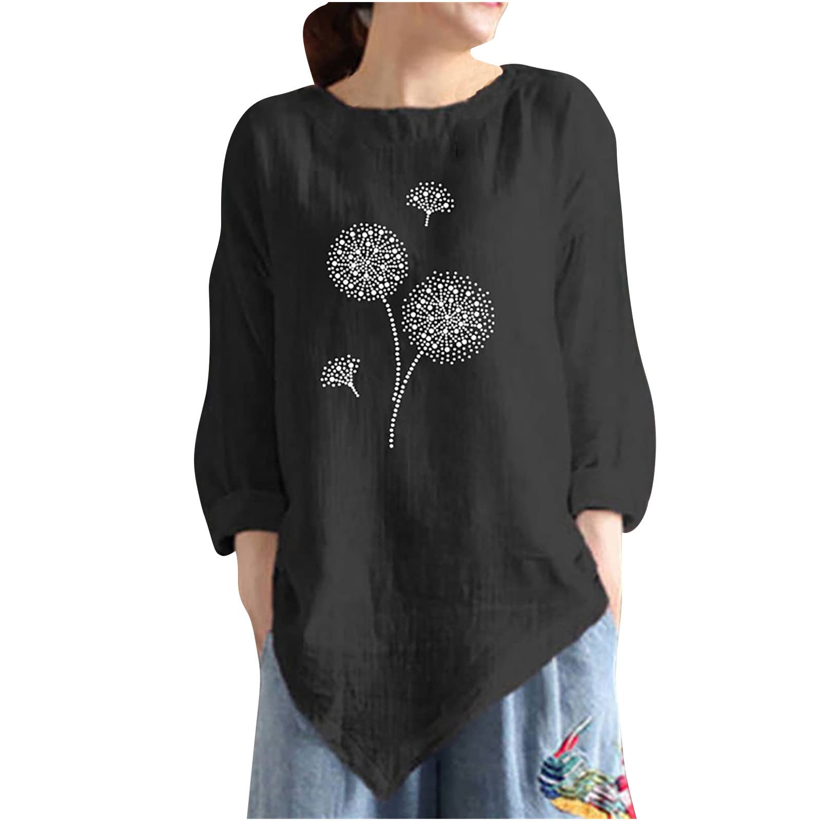 Women's Casual Long Sleeve Dandelion Print T-Shirt - Round Neck Cotton Linen Blouse with Irregular Hem | Perfect for Spring Outfits, Office Wear & Weekend Relaxation