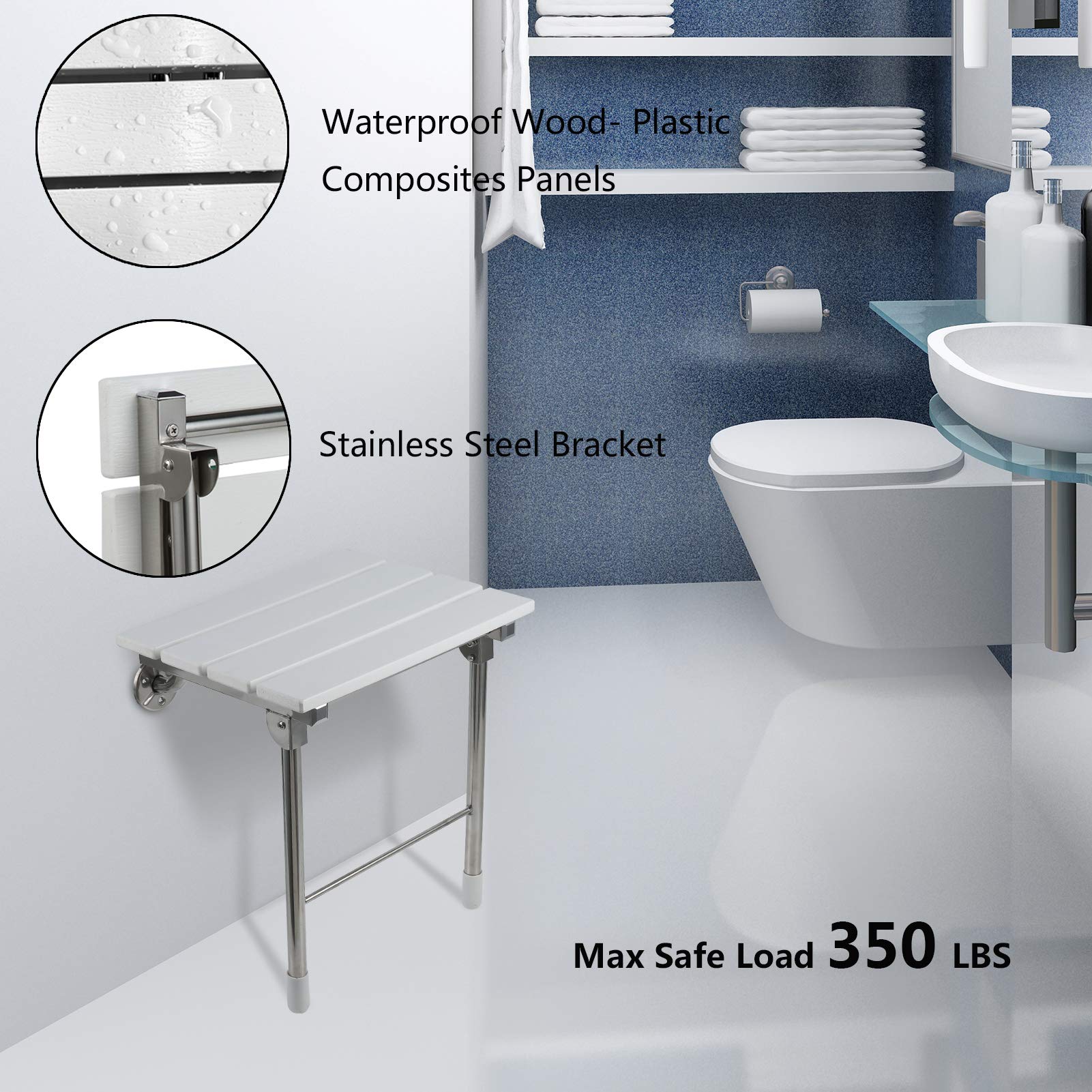 **Wall Mounted Folding Shower Seat – Solid Wood Bathroom Safety Stool with Support Legs, 350 lbs Weight Capacity, 14.88