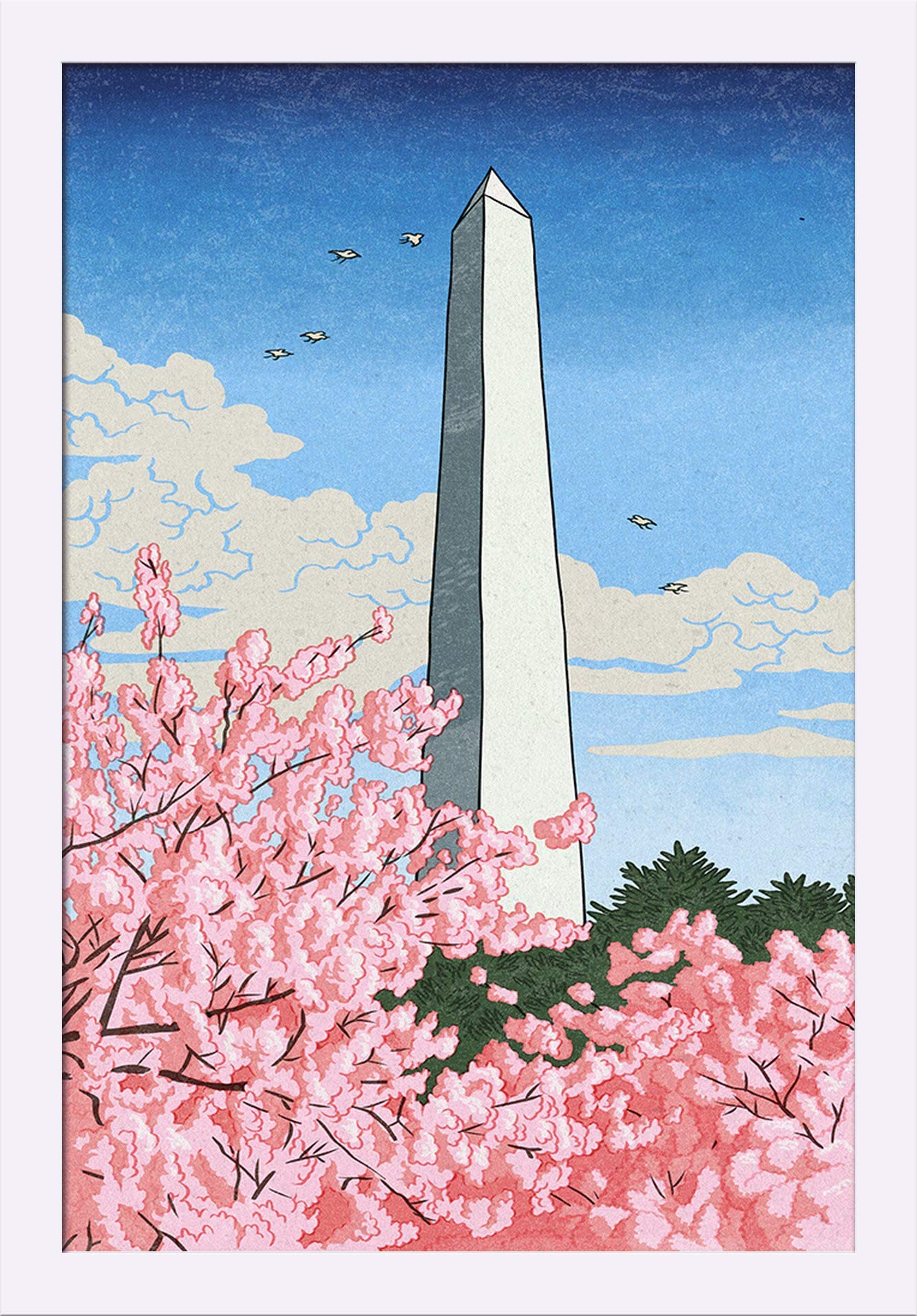 Washington Monument & Cherry Blossoms Fine Art Print - 16x24 Giclee on Recycled Wood Frame (White) - Perfect for Home Decor, Office Wall Art & Gift Ideas