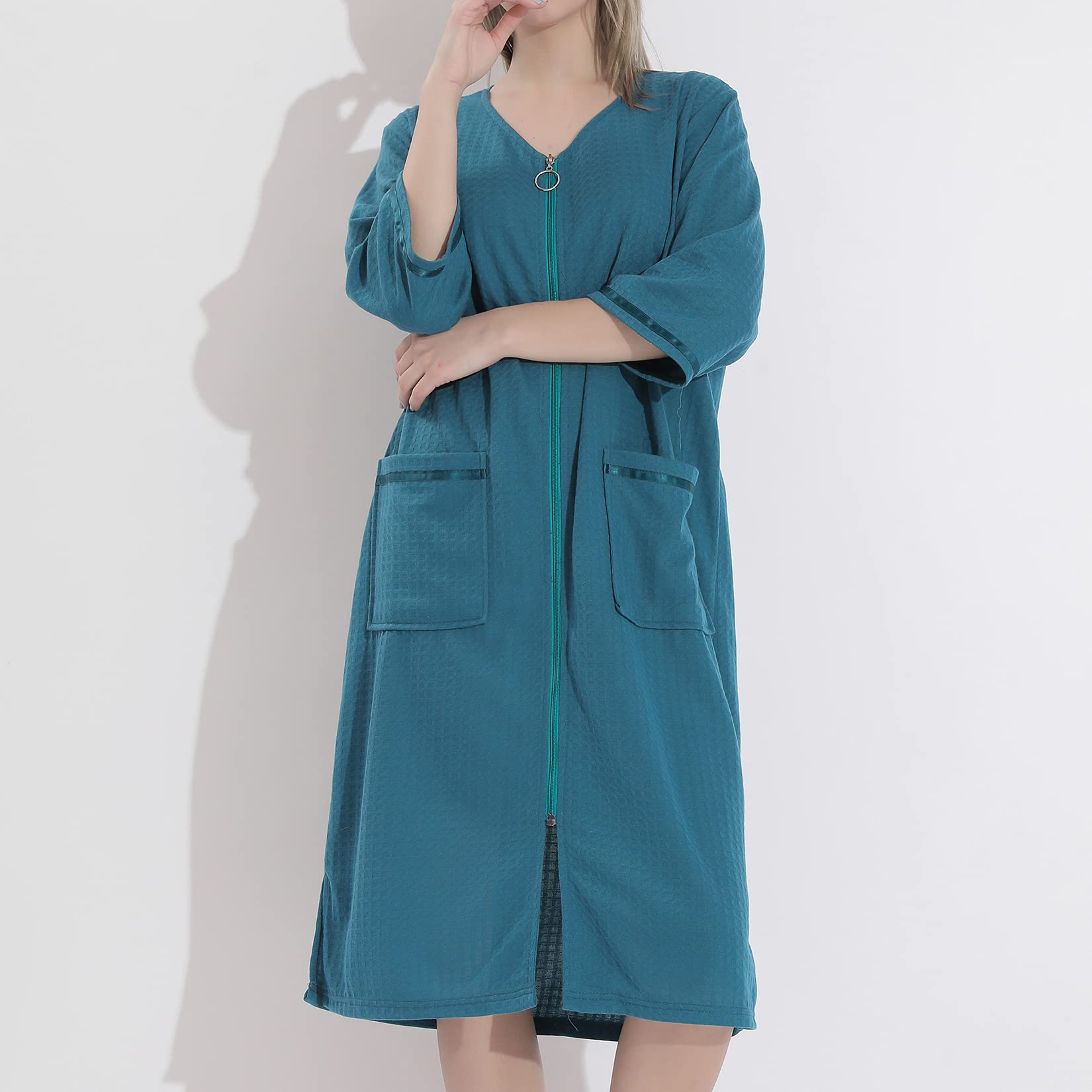 Lu's Chic Women's Waffle Robe Duster - Lightweight Zip Up Bathrobe & Housecoat for Lounge, Spa & Sleepwear | Soft Casual Nightgown for Home Relaxation