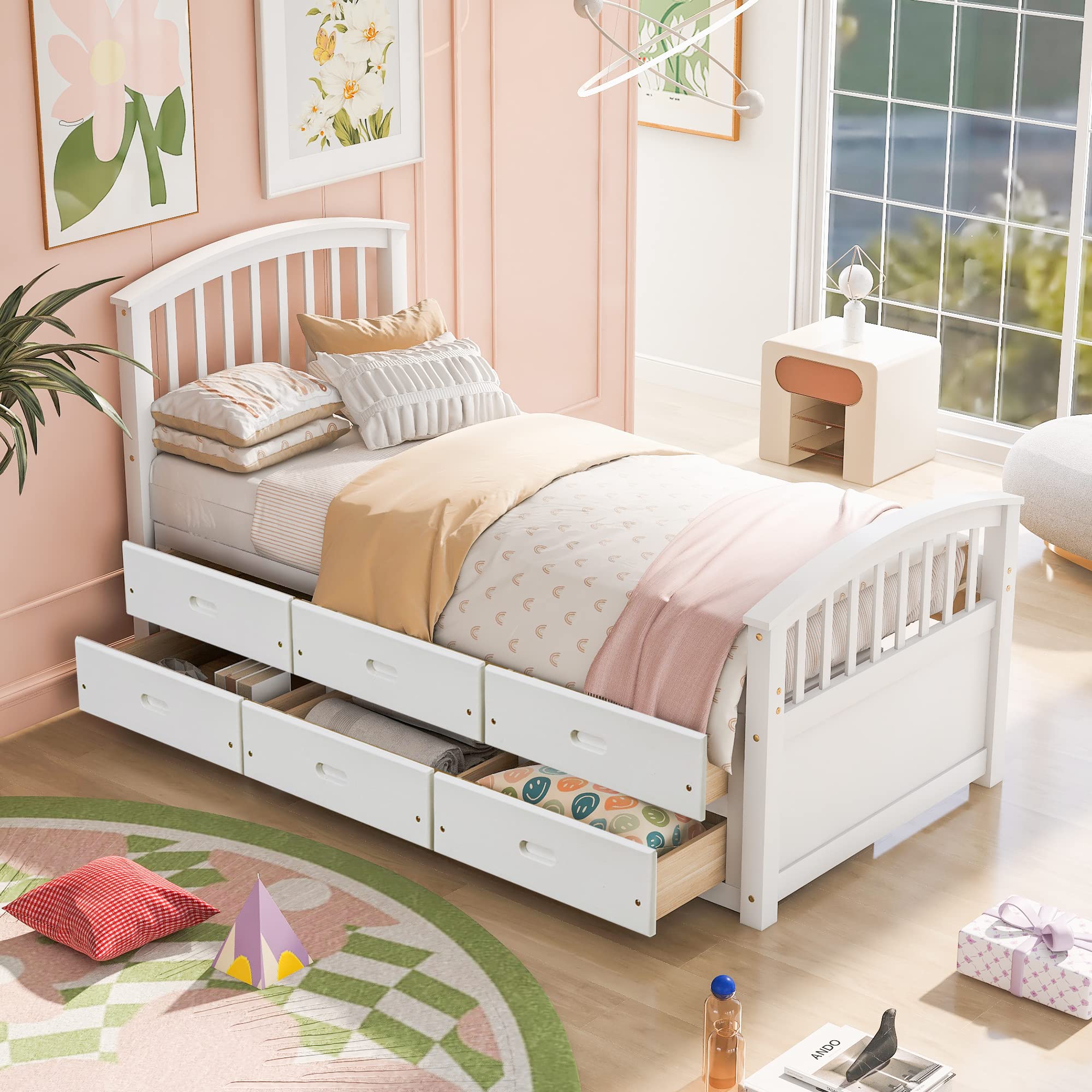 SOFTSEA Twin Size Wooden Bed Frame with 6 Storage Drawers - Platform Bed with Headboard & Footboard for Kids Bedroom - No Box Spring Needed - White - Perfect for Small Spaces & Guest Rooms