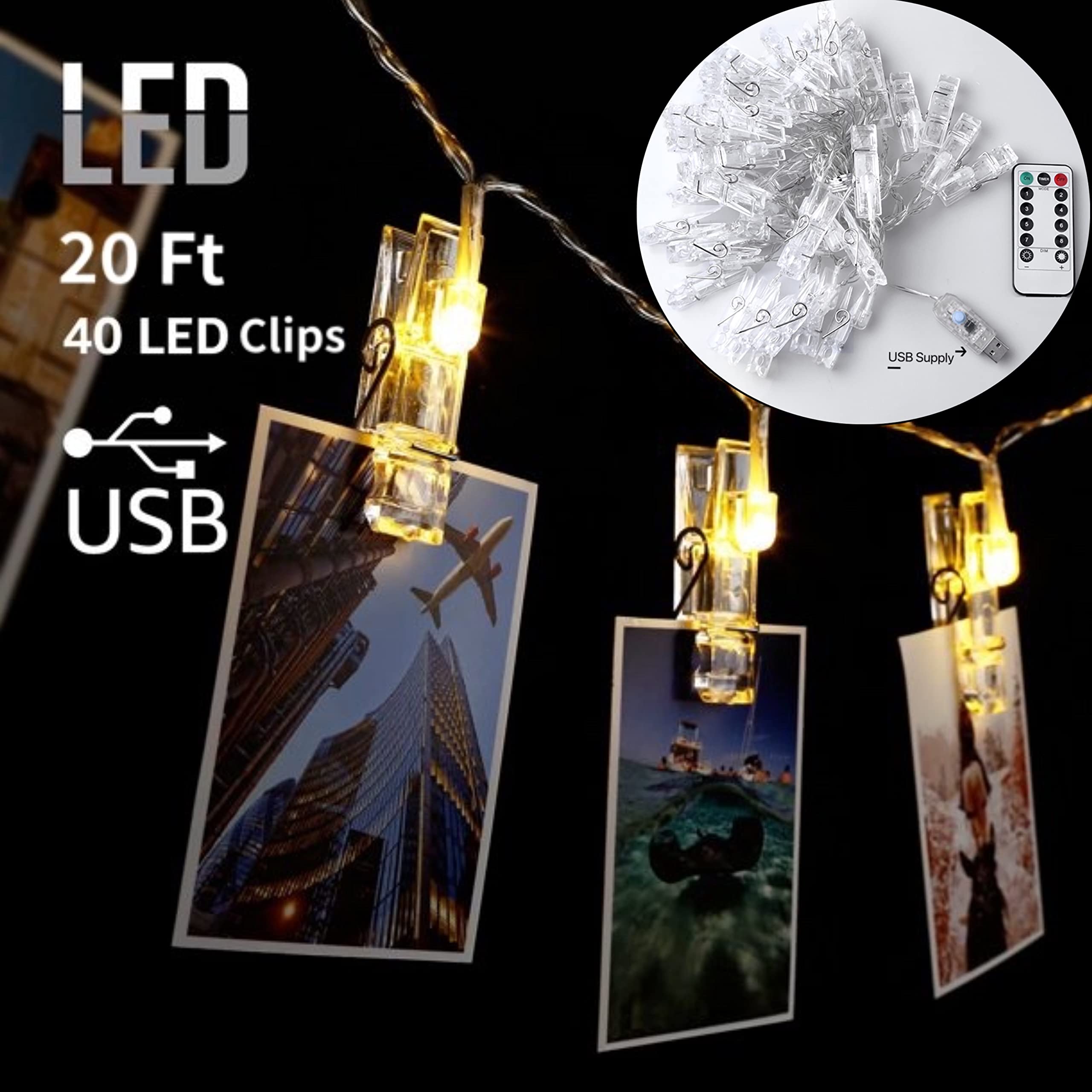 AWEHIRU 20Ft 40 LED Photo Clip String Lights with Remote - USB Powered Fairy Lights for Indoor & Outdoor Decor - Perfect for Dorm Rooms, Bedrooms, Weddings & Picture Displays (Warm White)