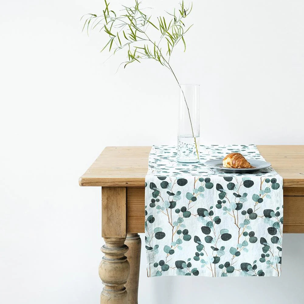 Premium Linen Hemmed Table Runner with Eucalyptus Design on White - Perfect for Dining Tables, Weddings, and Home Decor