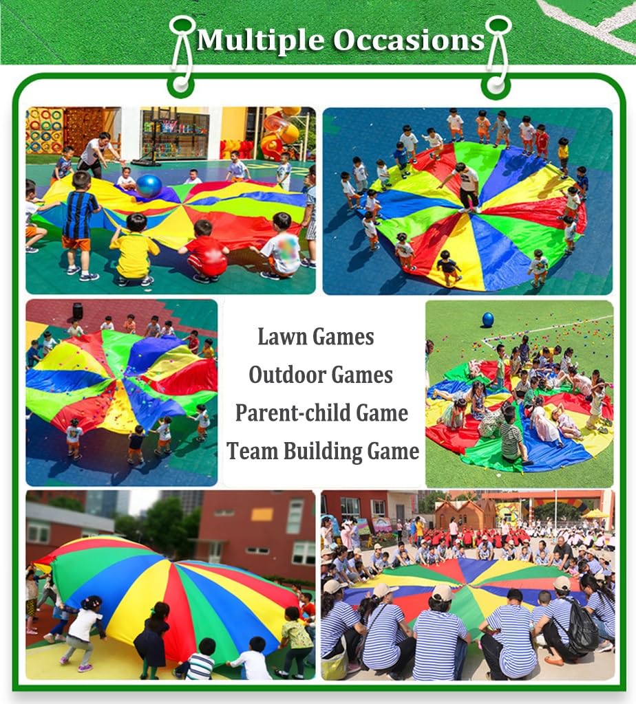 Rainbow Outdoor Parachute for Kids & Adults - 9m/29ft Team Building Games, Carnival Activities, Field Day Fun - Perfect for Backyard Birthday Parties, School Events & Group Play
