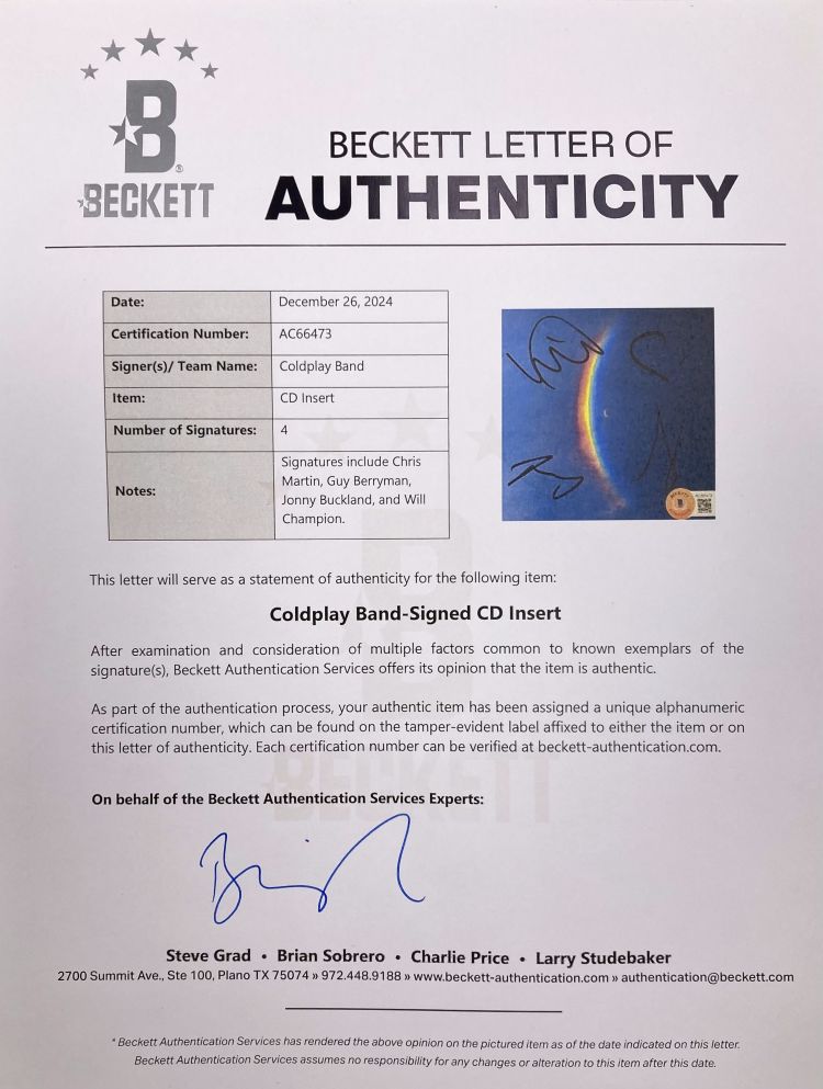 Coldplay Band Signed Moon Music CD Insert with BAS LOA - Limited Edition Collectible for Music Fans & Memorabilia Collectors - Perfect for Display, Gifts, and Special Occasions