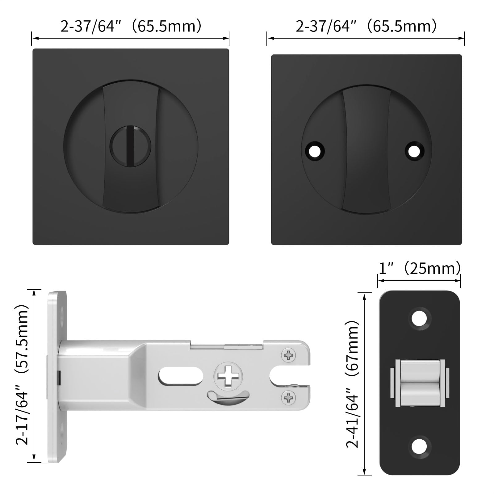 2 Pack Matte Black Pocket Door Lock - Square Flush Sliding Door Hardware for Bathroom Privacy | Secure & Stylish for Homes, Offices & Hotels