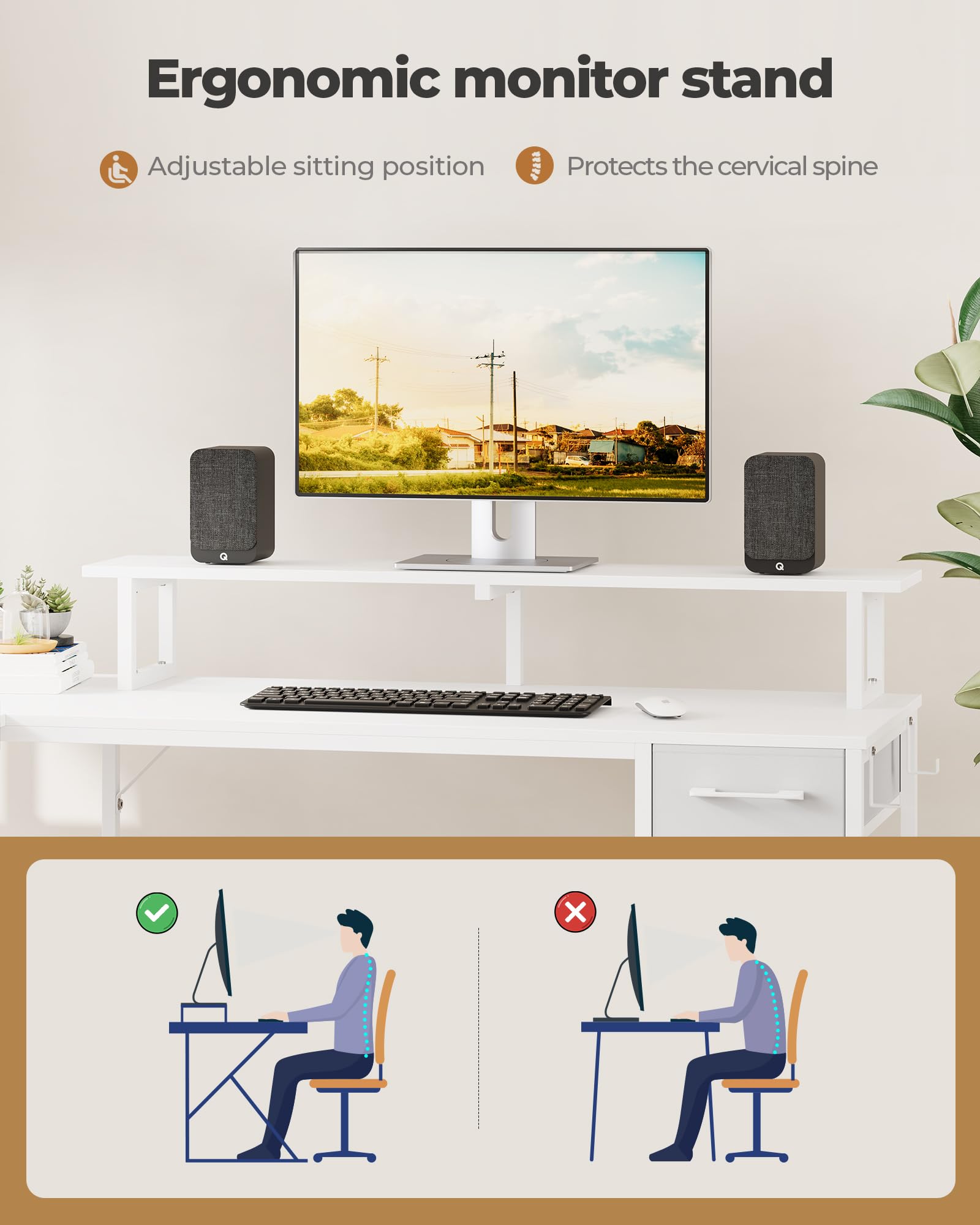 L-Shaped Computer Desk with LED Lights & Power Outlet, Gaming Desk with Bookshelf & Monitor Stand, Reversible Office Desk with Drawers & 2 Hooks - White for Home & Office Workspace
