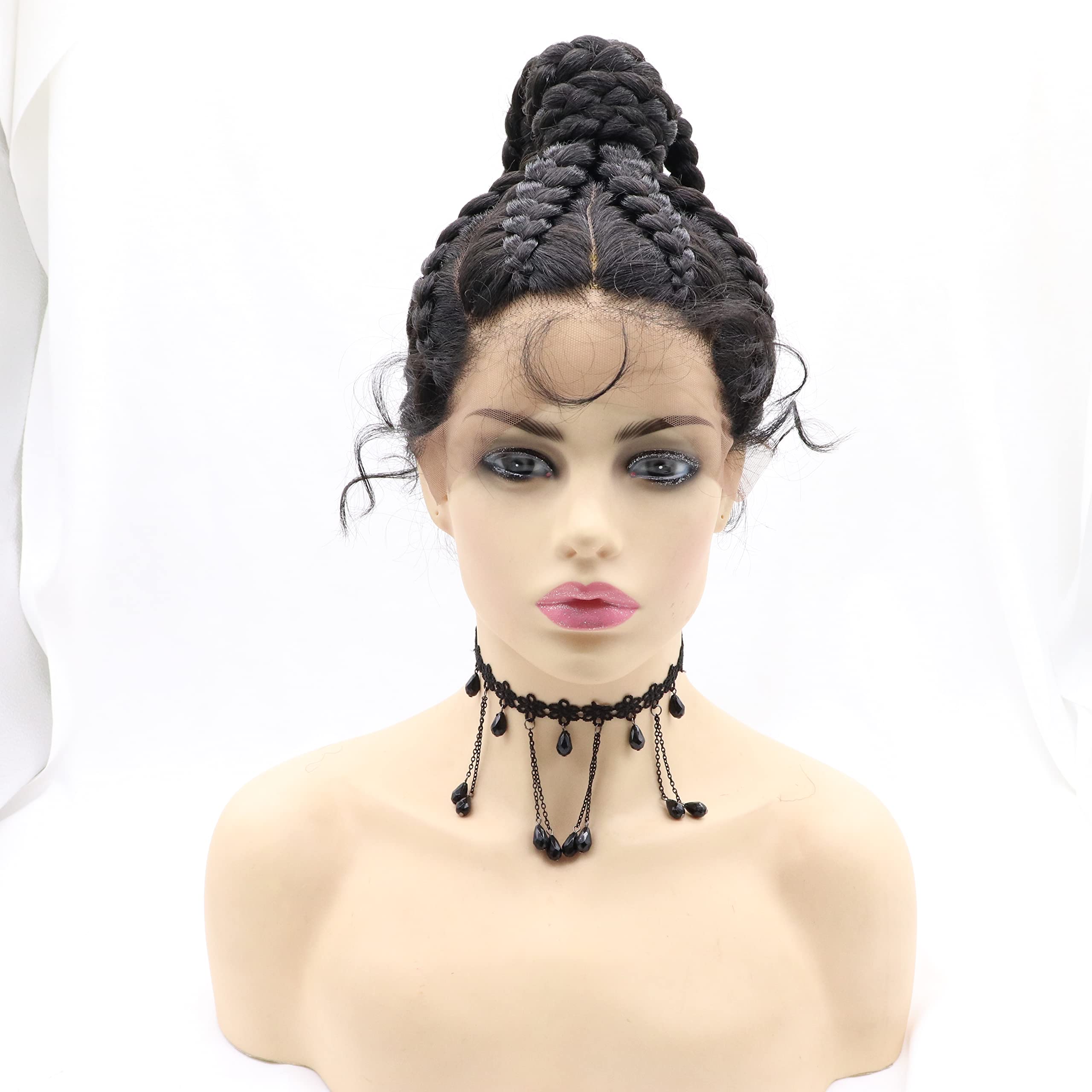 Natural Black Braided Wig with Baby Hairs | 8x Twist Synthetic Lace Front Wig | Handmade Cornrow Dutch Braids | 360 Lace Box Braiding Hairpiece for Women | Perfect for Cosplay, Halloween, Daily Wear & Protective Styling