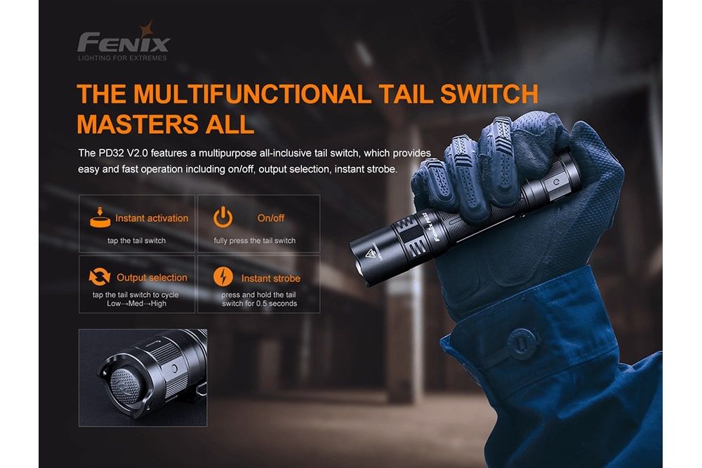 Fenix PD32 V2.0 LED Flashlight - 1000 Lumens, Rechargeable, Compact Tactical Light for Camping, Hiking & Emergency Use