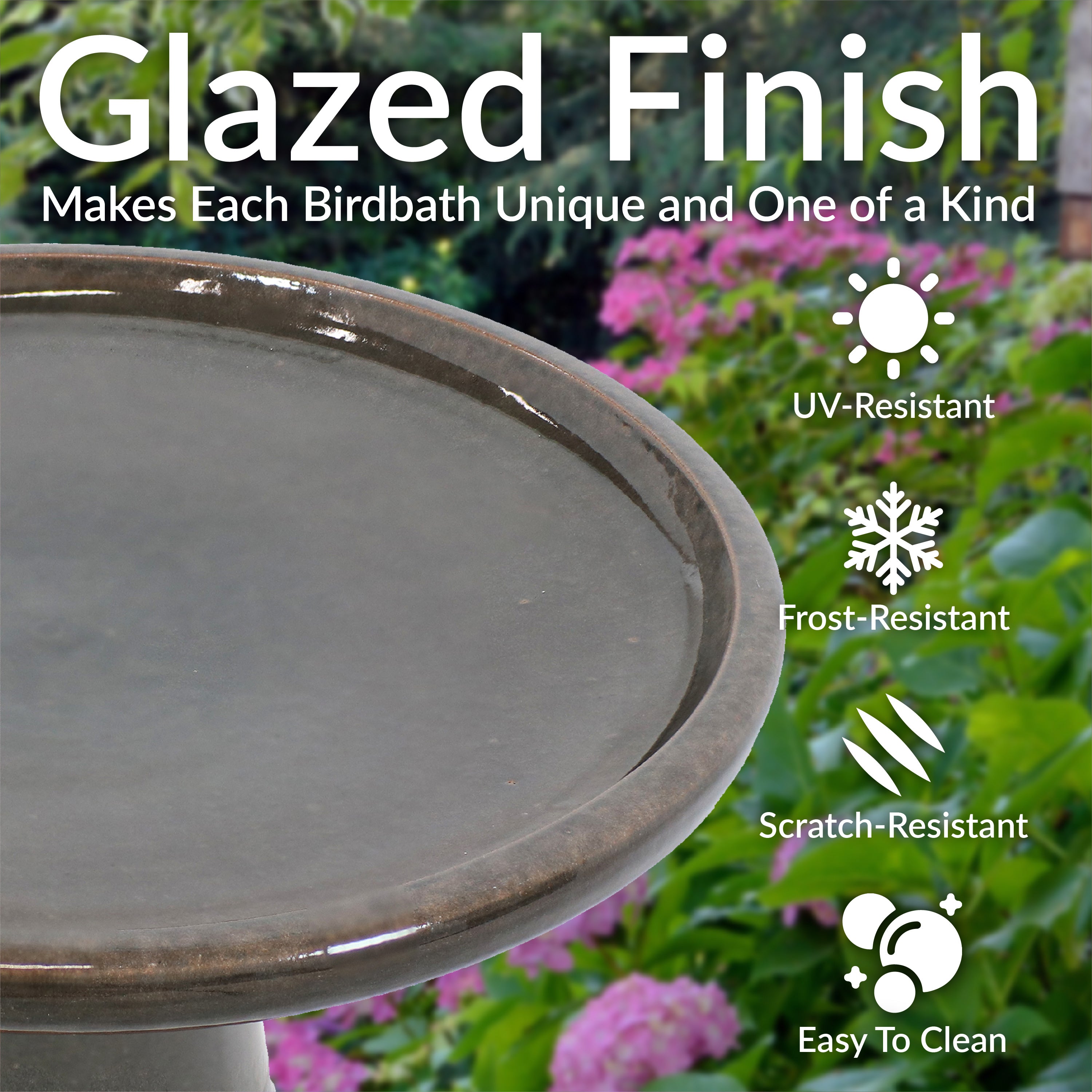 Sunnydaze 18 Inch Glazed Ceramic Outdoor Bird Bath - Garden Decor for Attracting Birds & Enhancing Outdoor Spaces