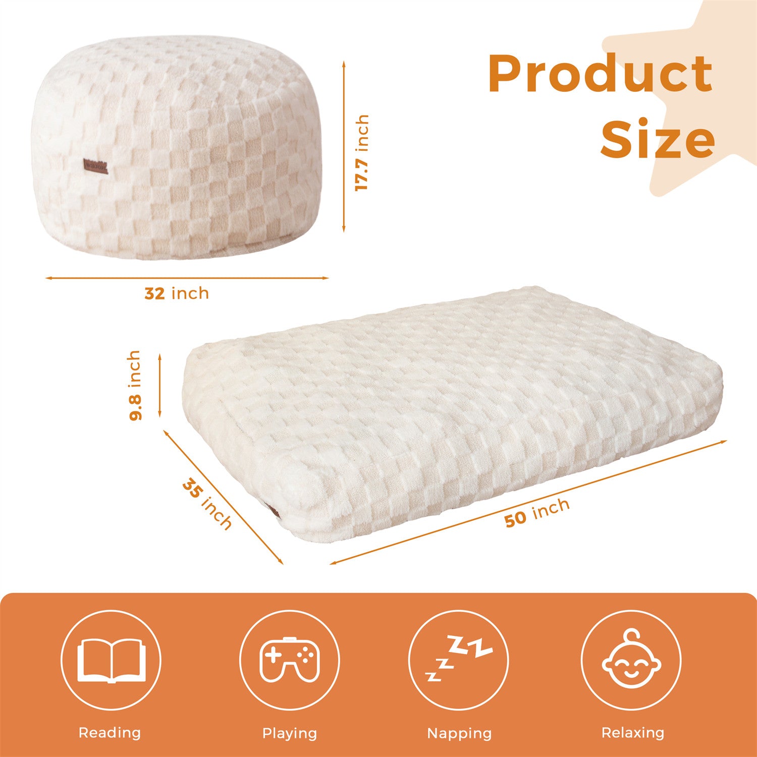 MAXYOYO Kids Bean Bag Bed - Convertible Bean Bag Chair to Bed with Soft Jacquard Shaggy Plush & Removable Plaid Beige Cover | Perfect for Kids' Room, Playroom & Sleepovers
