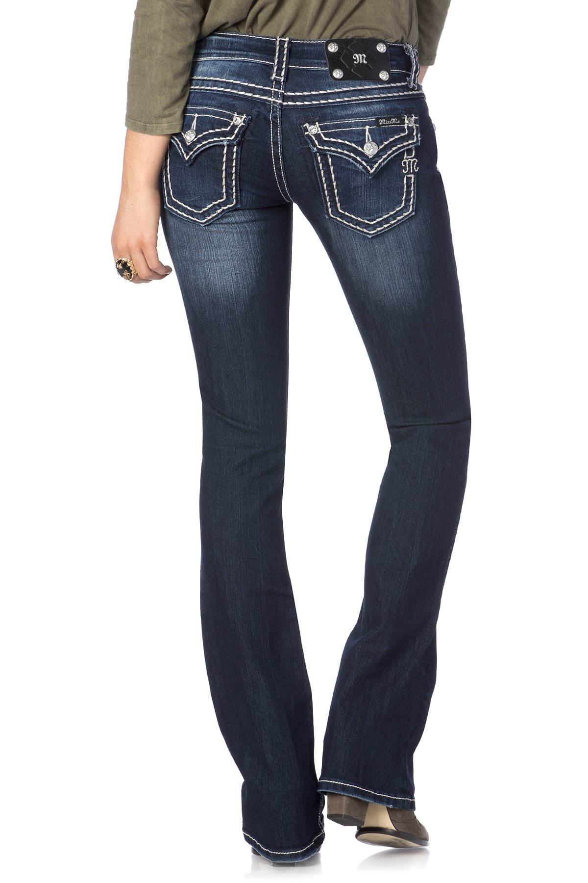 Miss Me Women's Loose Fit Saddle Stitch Border Boot Cut Jeans - Comfortable Denim Pants for Casual Wear, Work & Everyday Outfits