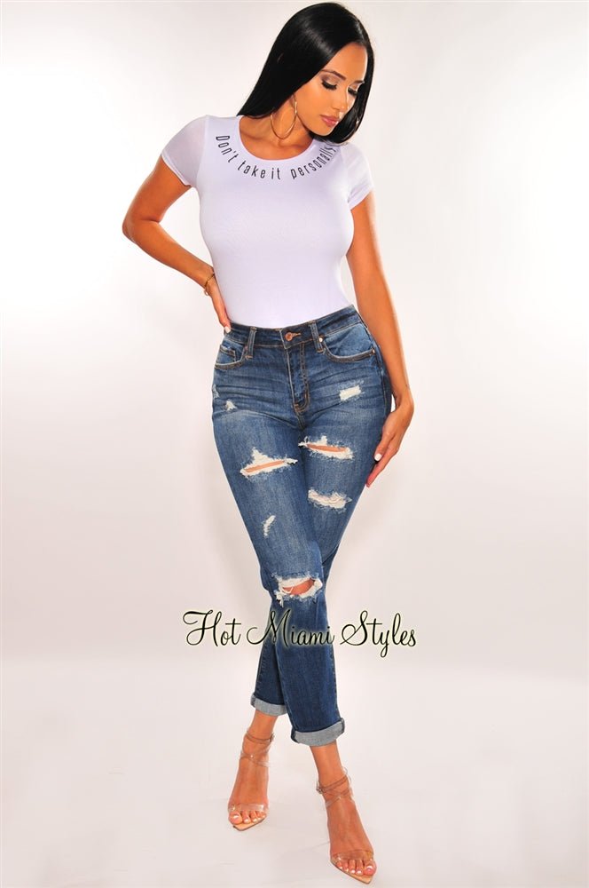 Dark Blue Ripped Slim Fit Boyfriend Jeans for Women - Distressed Denim Pants with Stretch Comfort - Perfect for Casual Outings, Date Nights & Street Style Fashion