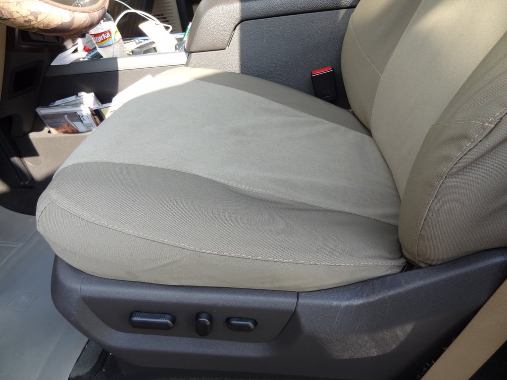 Premium Durafit Seat Covers for 2011-2015 Ford F250-F550 | Custom Fit Lariat & King Ranch Models | Front Bucket & 60/40 Rear Bench | Tan/Taupe Twill-Velour Fabric | Integrated Seat Belts | Perfect for Truck Enthusiasts & Off-Road Adventures