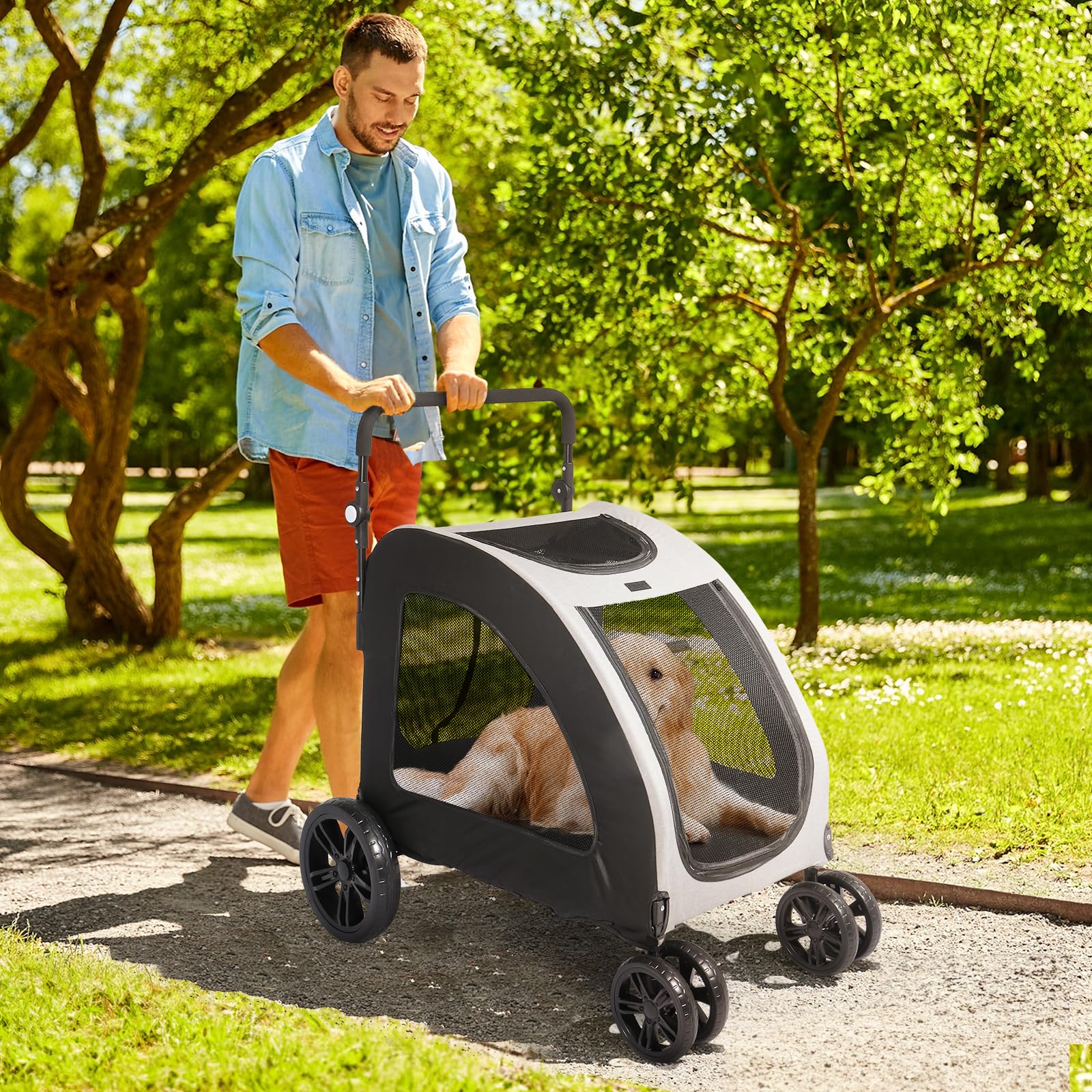 Outvita 4-Wheel Folding Pet Stroller for Large Dogs & Cats - Heavy Duty Travel Wagon Holds Up to 100LBS - Adjustable Handle & Smooth Ride - Perfect for Jogging, Shopping & Outdoor Adventures