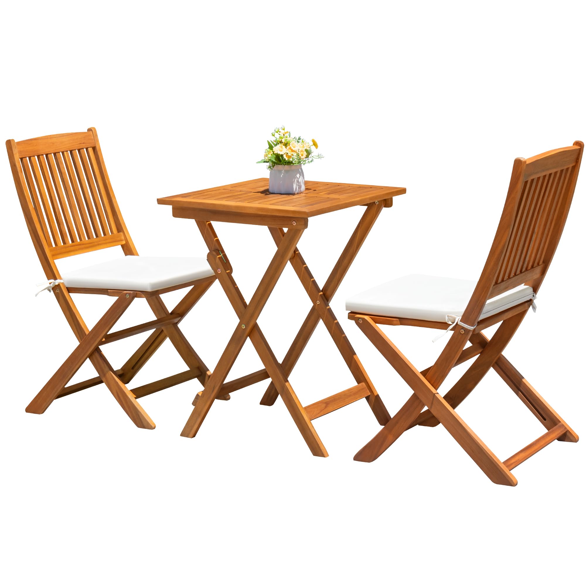 JUMMICO 3-Piece Acacia Wood Outdoor Bistro Set - Folding Patio Chairs with Cushions & Square Table - Perfect for Balcony, Deck, Garden, and Backyard Relaxation