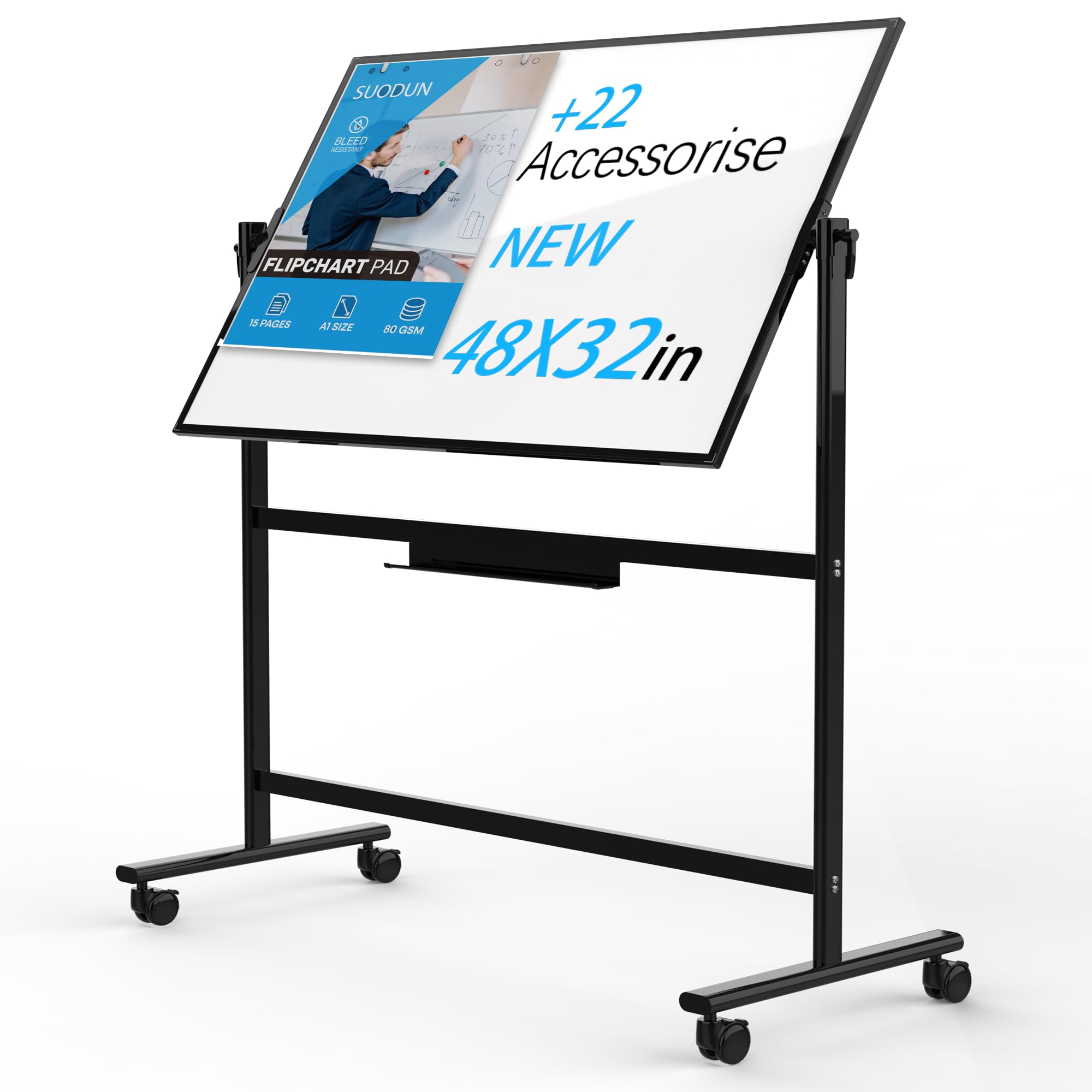 Adjustable Angle Rolling Whiteboard with Stand - Mobile Dry Erase Board on Wheels for Homeschool, Office & Classroom Use (Black)