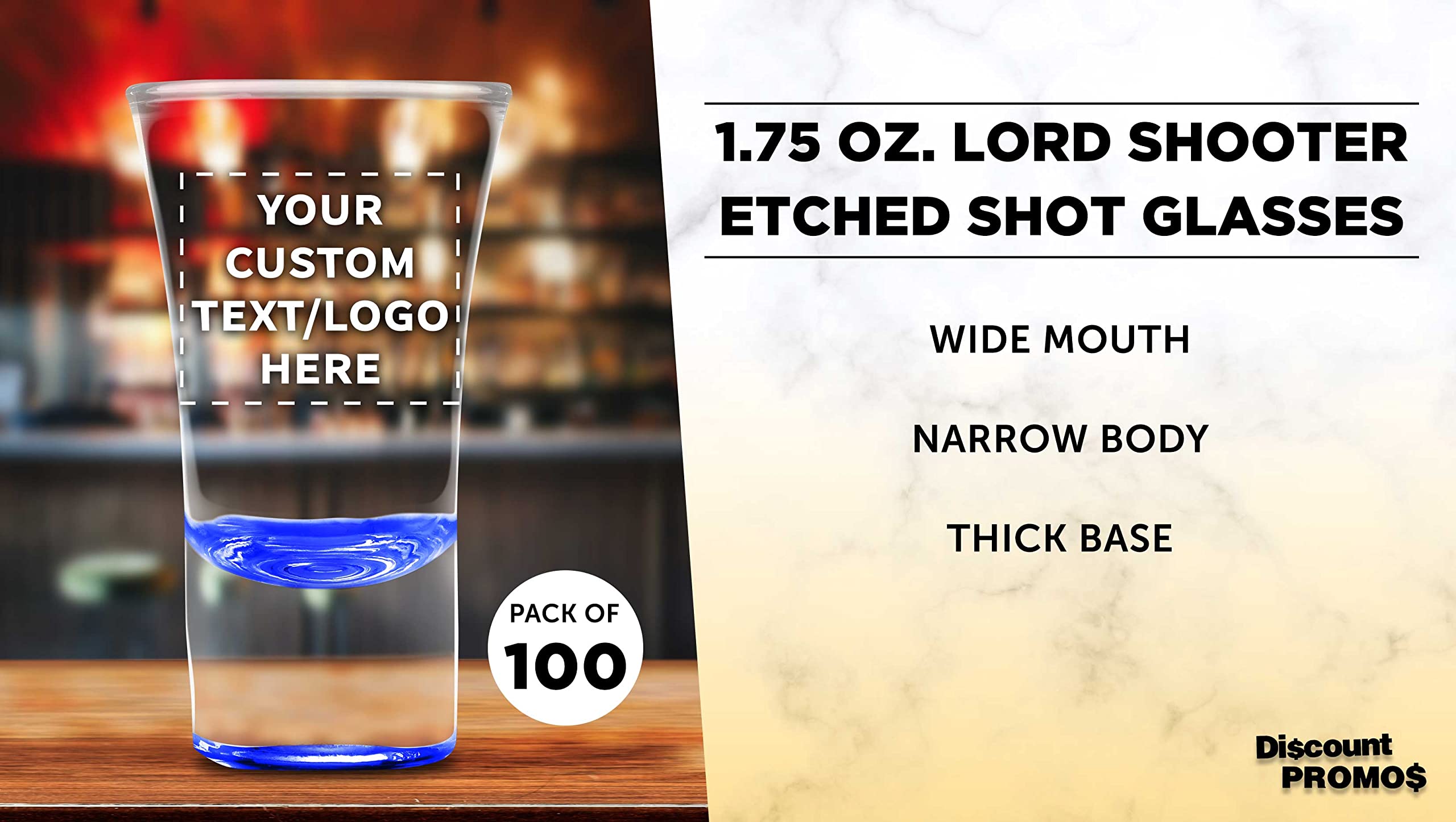 Custom 2 oz. Lord Shooter Etched Shot Glasses - 100 Pack with Personalized Text & Logo - Perfect for 21st Birthday Parties, Bars, Lounges & Home Entertaining - Blue Glassware Set for Shots & Cocktails