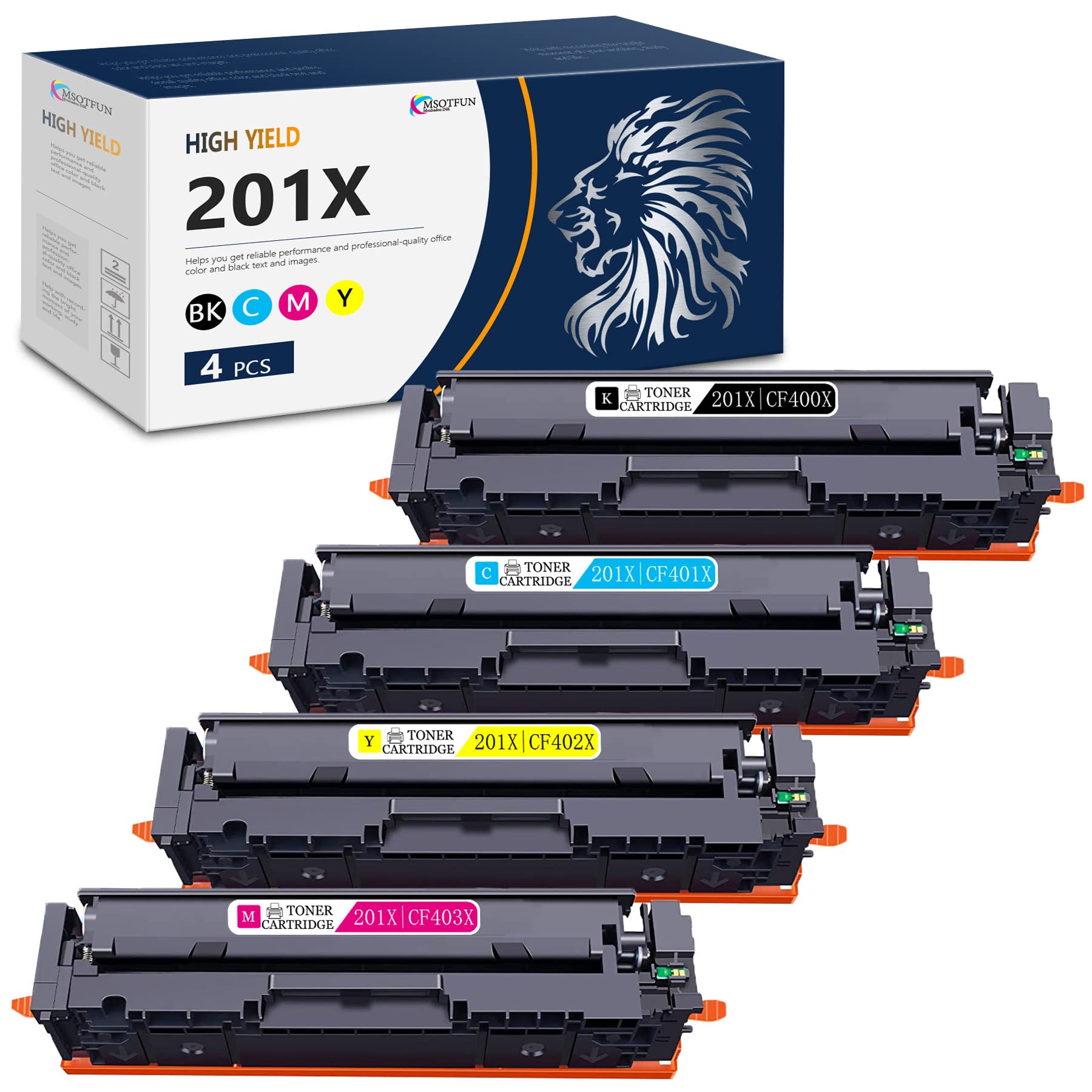 MSOTFUN 4-Pack Compatible Toner Cartridge Replacement for HP 201X CF400X CF401X CF402X CF403X - Works with HP Color Pro M252dw M252n MFP M277n M277dw M277c6 M274n Printers (1BK+1C+1M+1Y) - Ideal for Home Office & Small Business Printing Needs