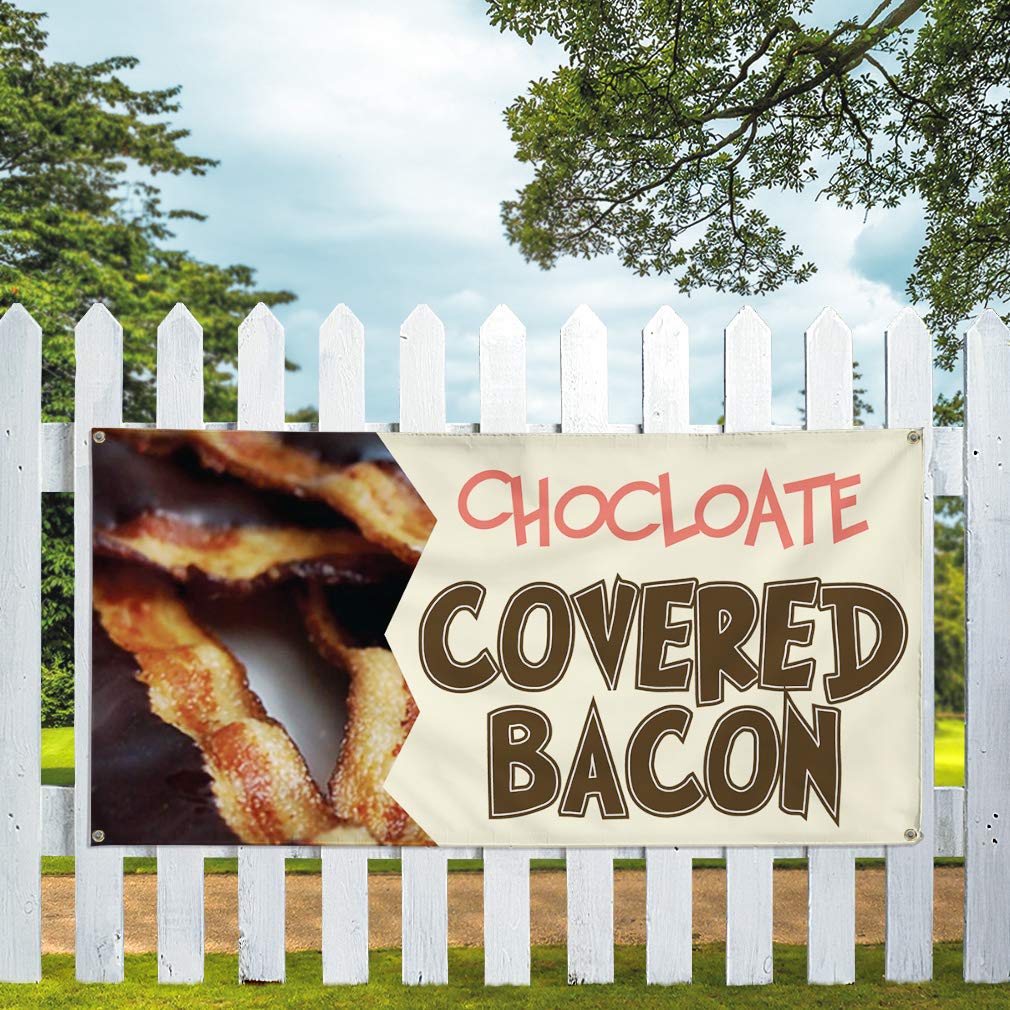 Chocolate Covered Bacon Vinyl Banner - Weatherproof Outdoor Restaurant & Food Sign (60x144 Inches, 10 Grommets, Brown) - Perfect for Restaurant Promotions, Food Festivals & Outdoor Advertising