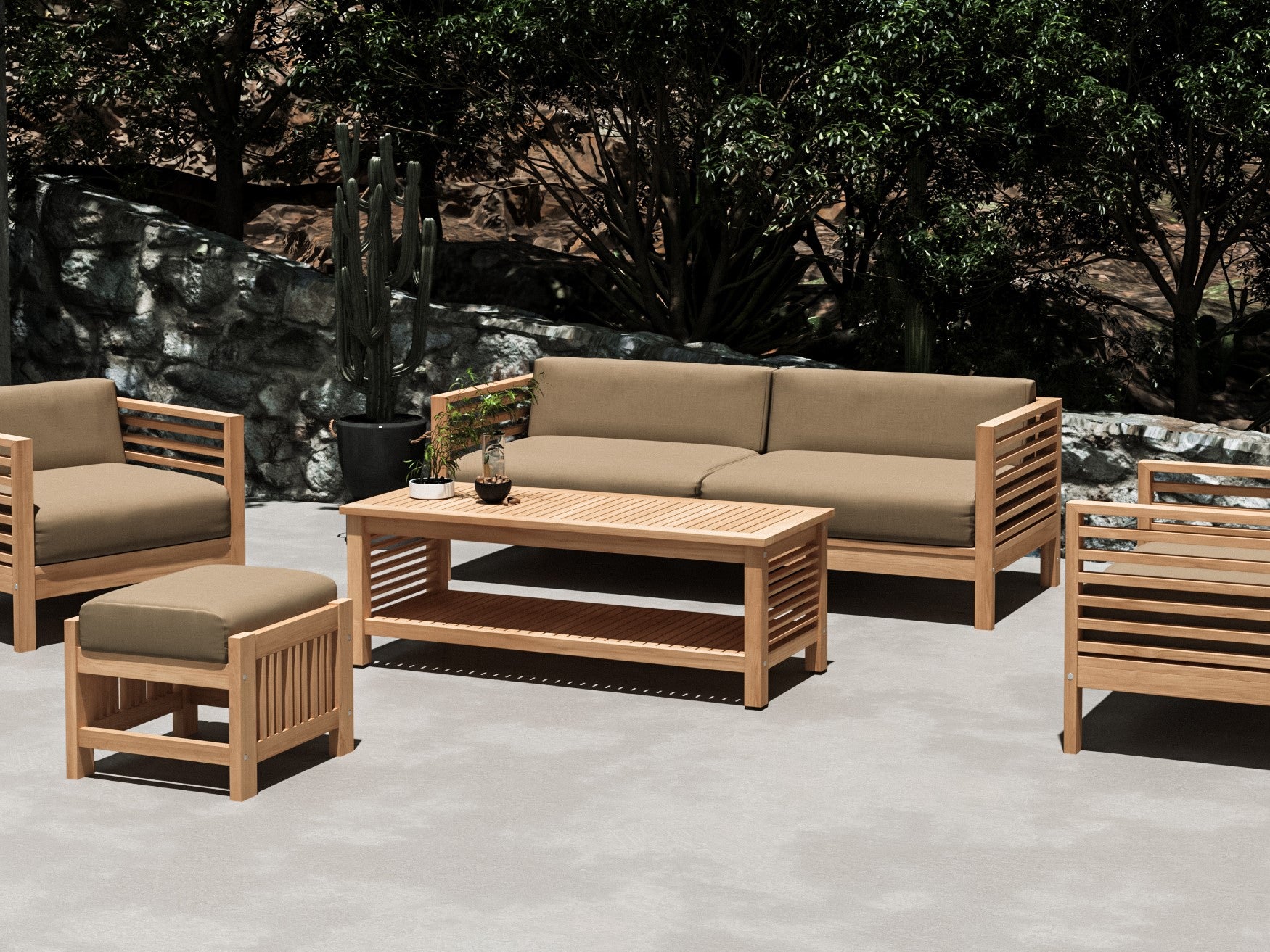 Premium Sylvie 3-Person Teak Outdoor Sofa Set with Weather-Resistant Sunbrella Fawn Cushions - Perfect for Patio, Garden, Poolside & Backyard Relaxation