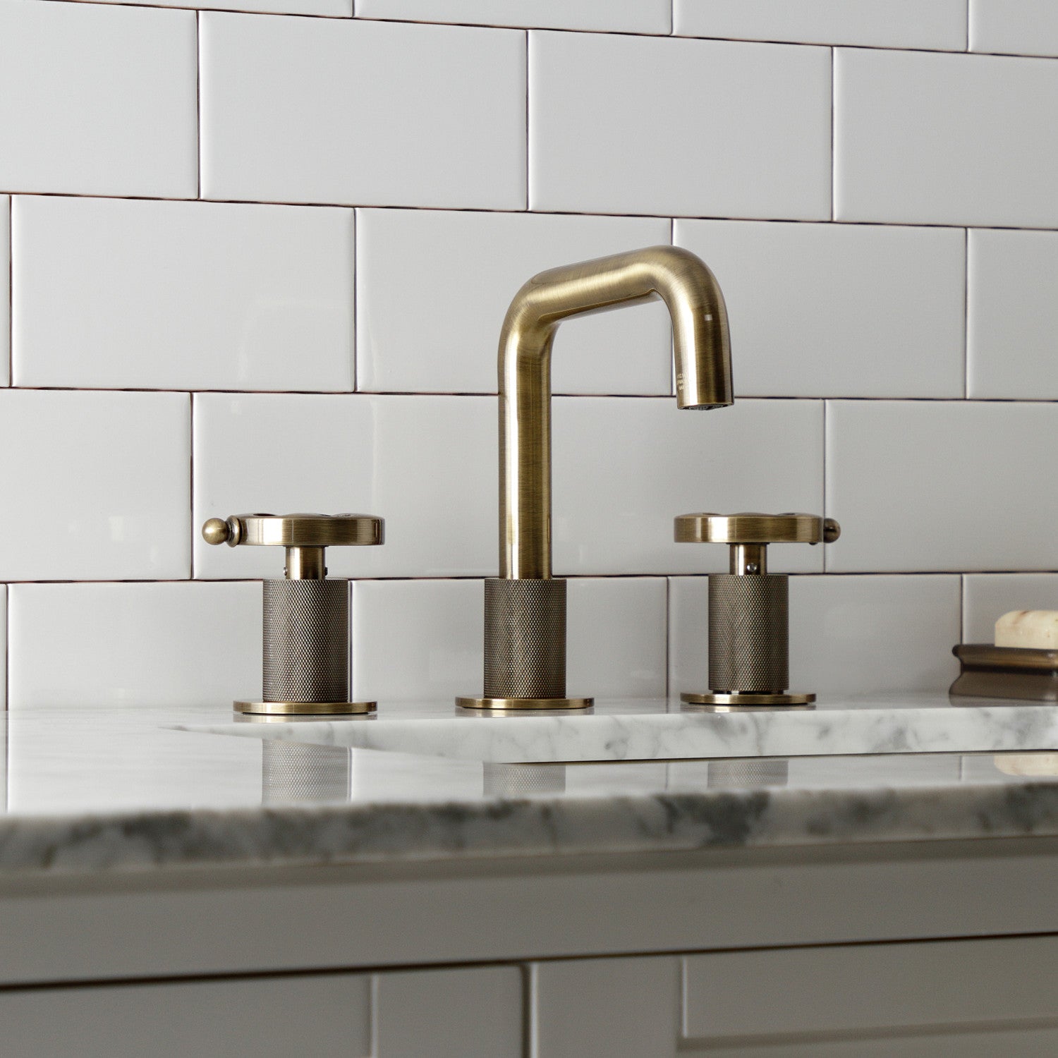Belknap KS1413RX 3-Hole Widespread Bathroom Faucet with Push Pop-Up Drain - Antique Brass Finish - Two Handle Deck Mount Sink Faucet for Vanity, Powder Room & Guest Bathroom