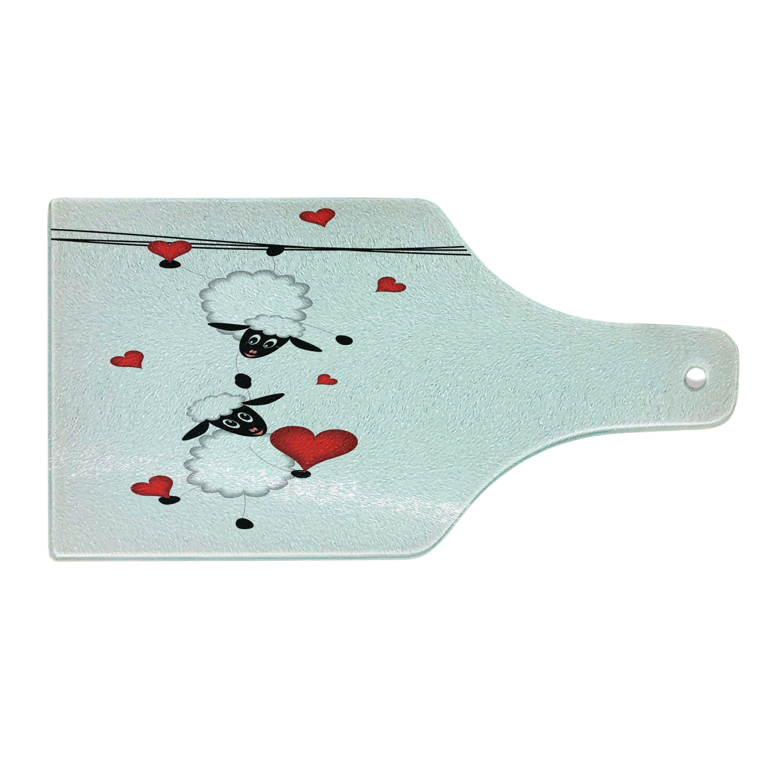 Ambesonne Animal Themed Cutting Board - Sheep Couple with Heart Shapes, Fun Cartoon Art, Tempered Glass Serving Board for Kitchen & Dining | Perfect for Wine Bottle Display, Charcuterie, and Home Decor (Red, White, Black)