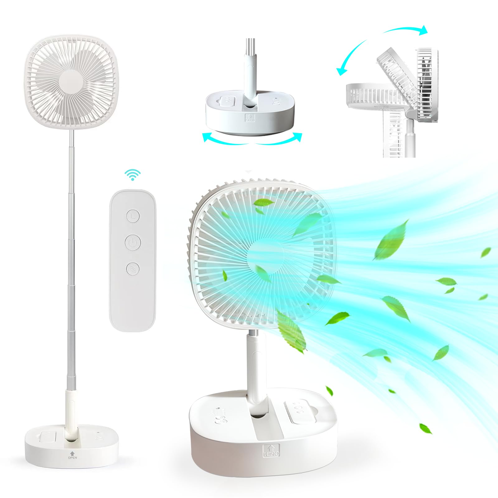 Magesh Oscillating Pedestal Fan with Remote - 4 Speed Quiet Foldable Desk & Floor Fan with Timer, Telescopic Stand - Perfect for Bedroom, Office, Camping & Outdoor Use (White)