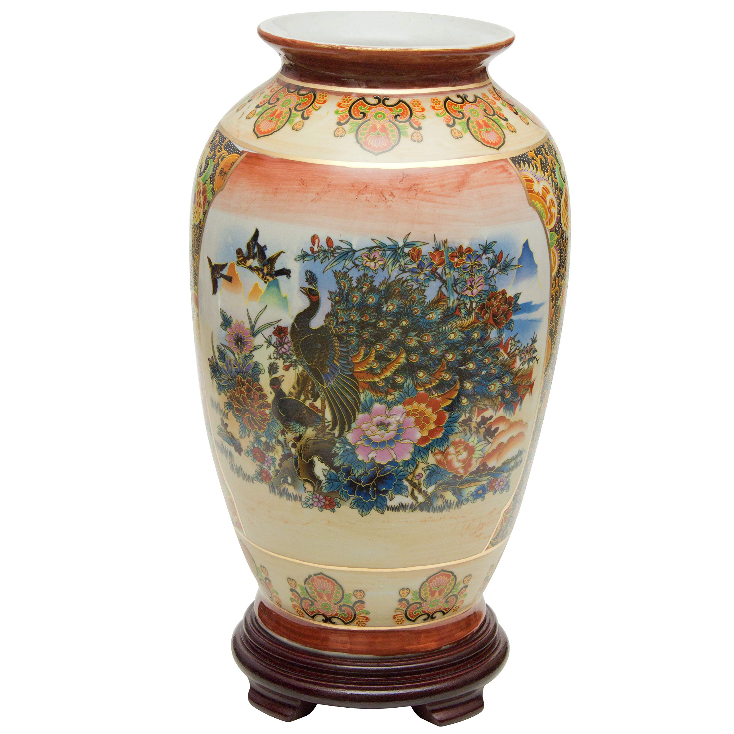14-inch Satsuma Peacock Porcelain Tung Chi Vase - Handcrafted Multicolor Red Lantern Design for Home Decor, Wedding Centerpiece & Asian-Inspired Interior Styling