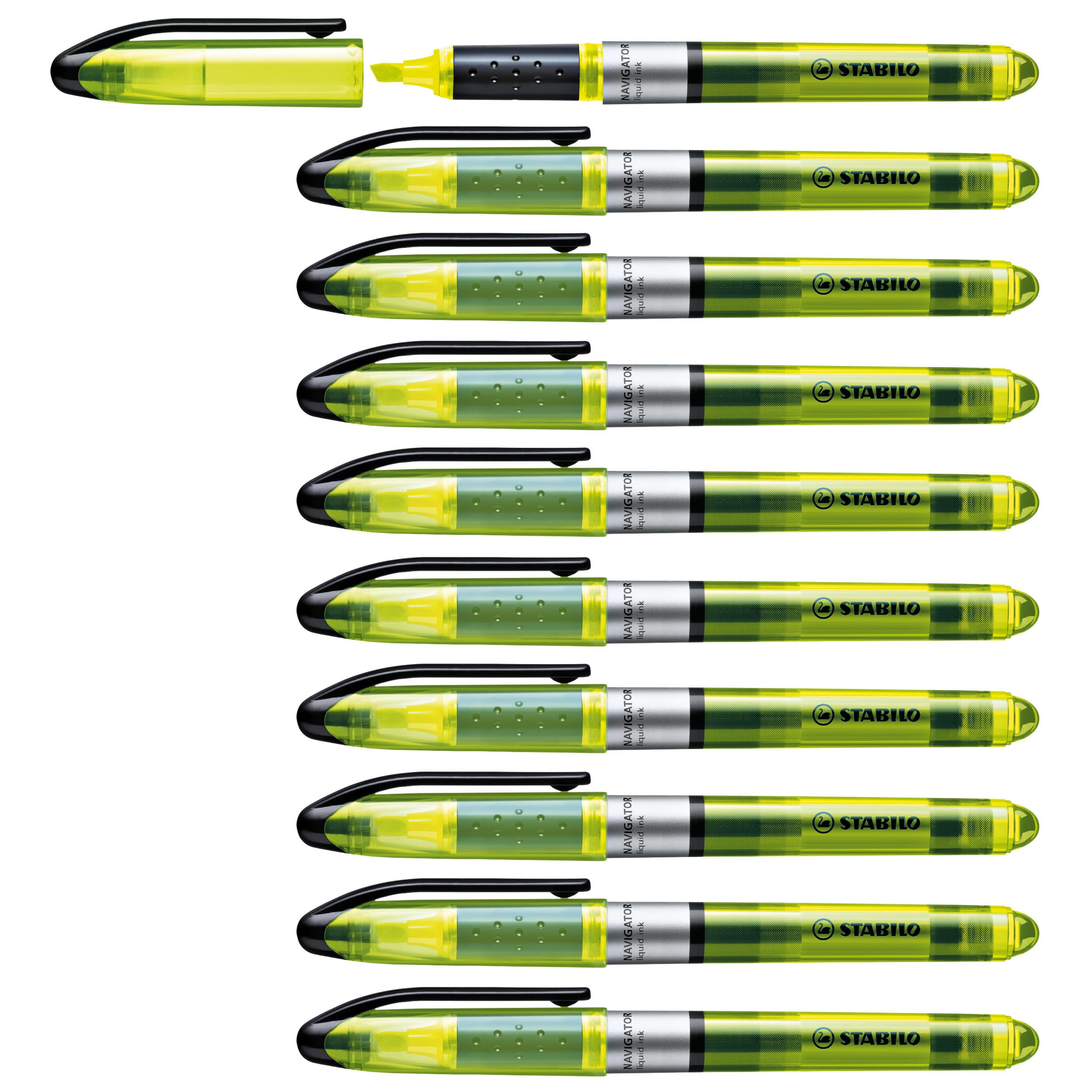 STABILO Navigator Highlighter Pens - Pack of 10 Vibrant Yellow Markers for Office, School & Study Notes Organization