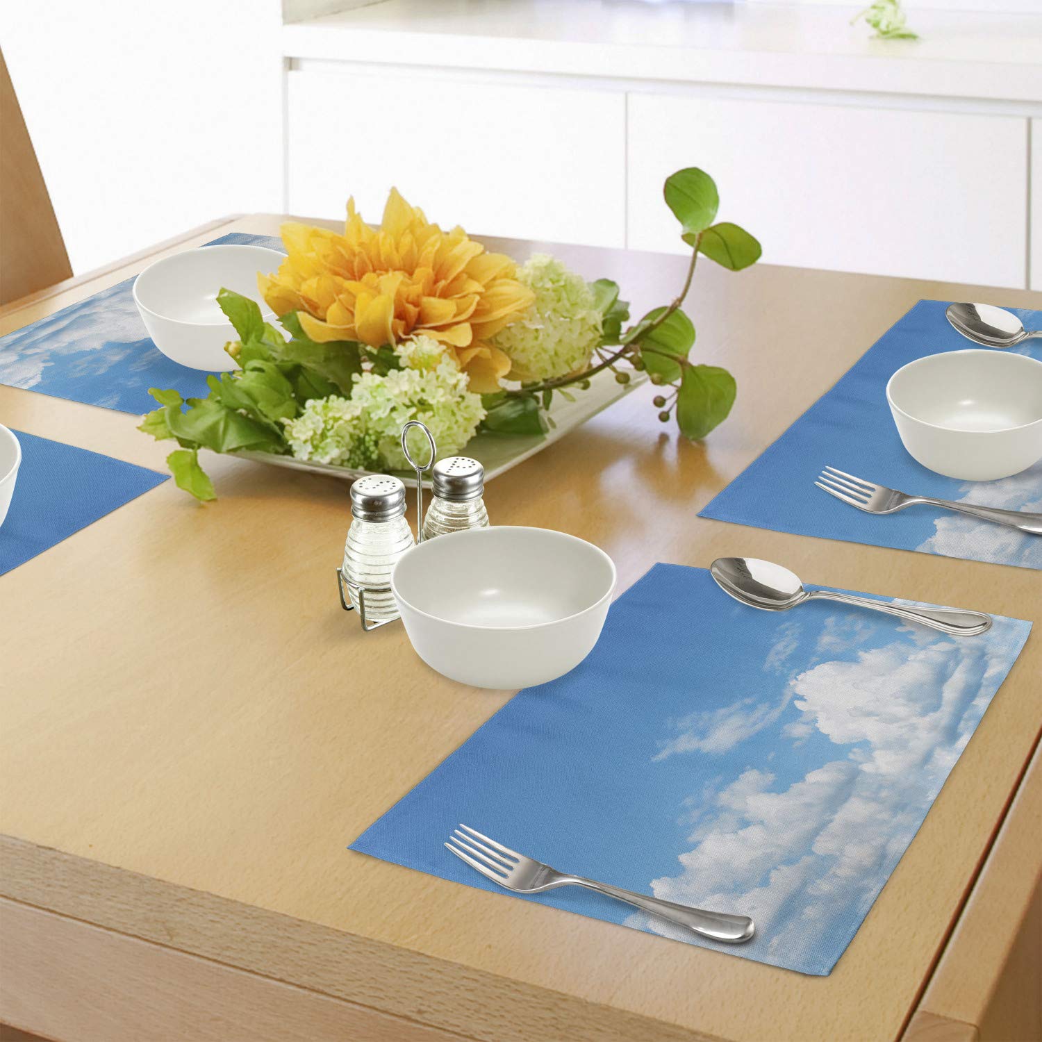Ambesonne 4-Piece Landscape Placemats Set - Vast Cloudy Sky Scenic Windy Weather Panoramic View - Washable Fabric Dining Table Mats for Kitchen & Dining Room Decor (Blue & White) - Perfect for Everyday Meals, Dinner Parties & Home Decoration