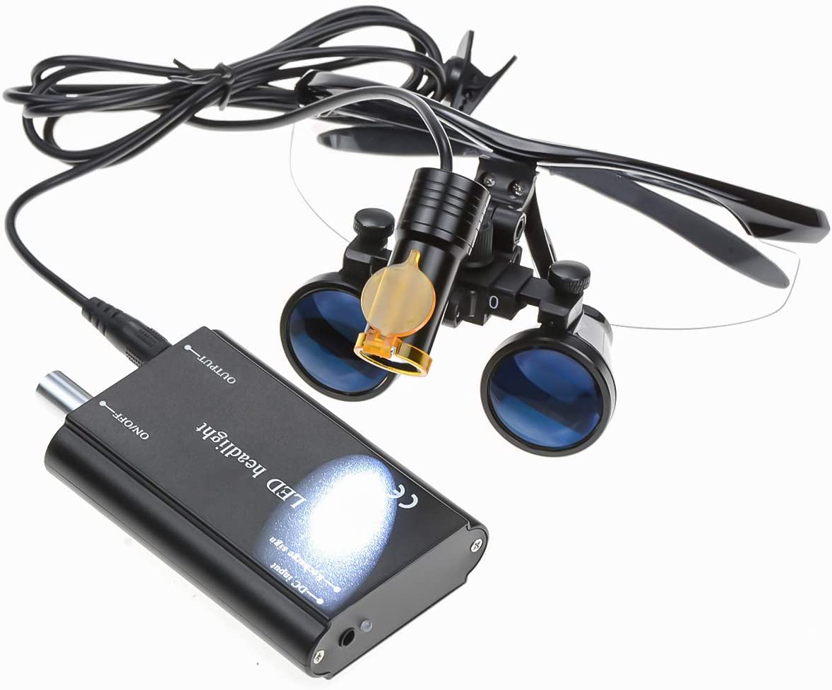 2.5X/3.5X Binocular Dental Loupes Magnifying Glasses with 5W LED Headlight Lamp - Professional Medical Magnifier with Filter & Protective Carry Case (Black, 2.5X) - Perfect for Dentists, Surgeons & Jewelry Repair
