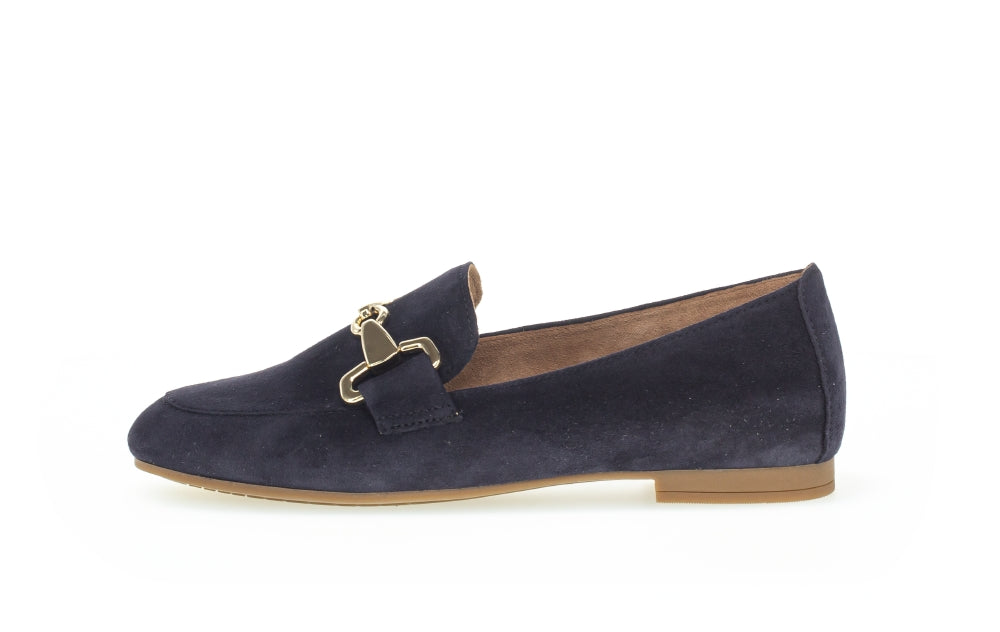 Gabor Navy Suede Loafers for Women with Gold Buckle - Classic Comfortable Slip-On Shoes for Work, Office & Casual Wear (Style 21136)
