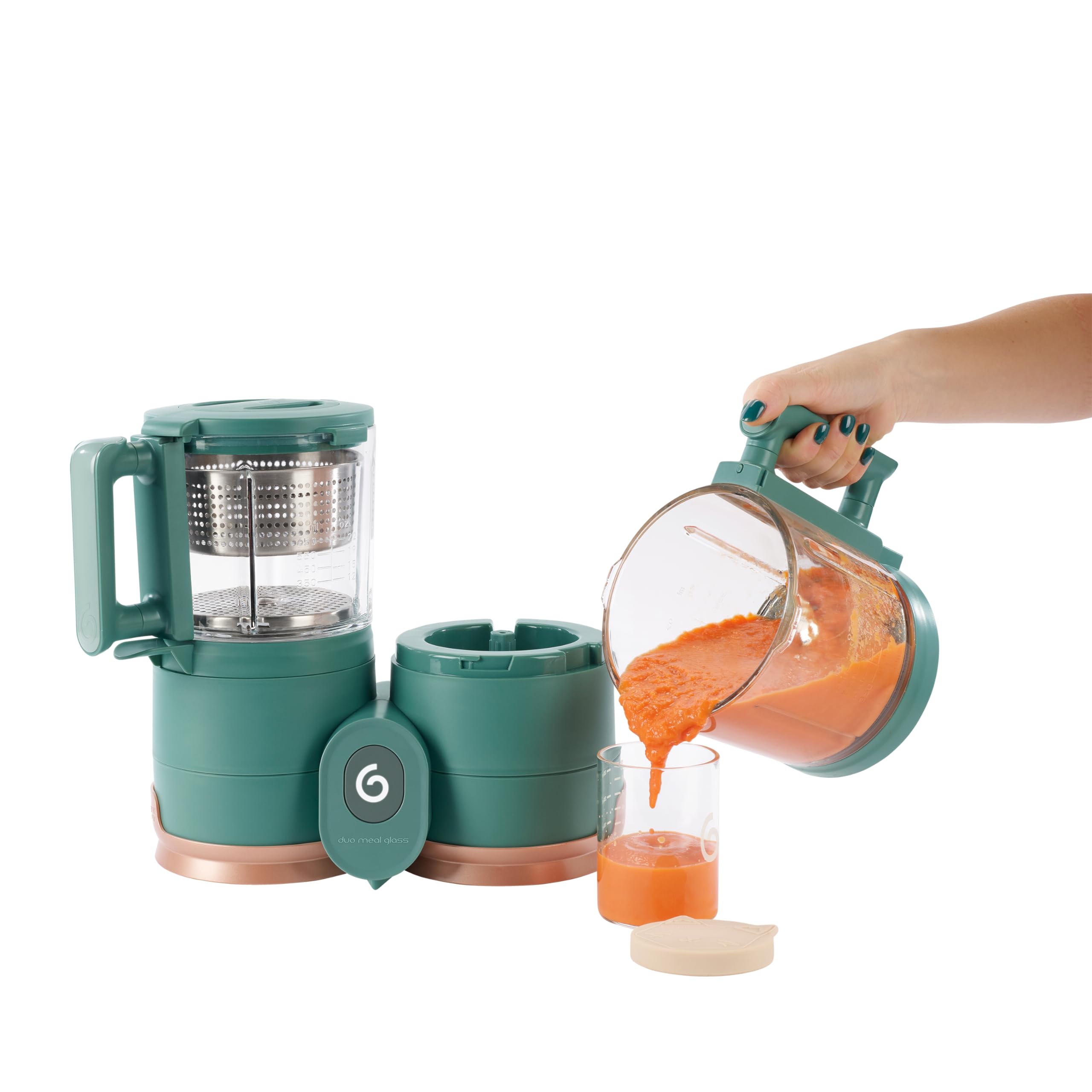 Babymoov Duo Meal Glass Baby Food Maker & Processor with Built-in Glass Steamer, Stainless Steel Basket & Blender (6+ Cup Capacity) - Dark Green | Perfect for Homemade Purees, Steaming Vegetables & Meal Prep for Infants