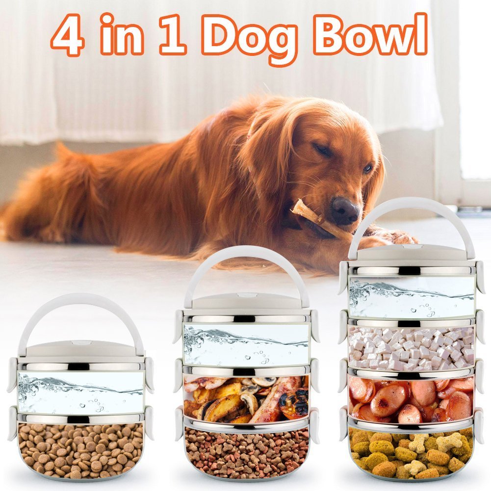 Spill-Proof 304 Stainless Steel Pet Travel Bowl - Multi-Layer Dog & Cat Food/Water Container with Hidden Handle for Outdoor Hiking, Camping, Car Trips (4-Layer, Portable Raised Feeder) - Perfect for Travel, Picnics & Daily Feeding