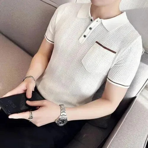 Men's Knitted Lapel Short Sleeve Polo Shirt - Breathable Casual Summer Top for Golf, Office & Outdoor Activities