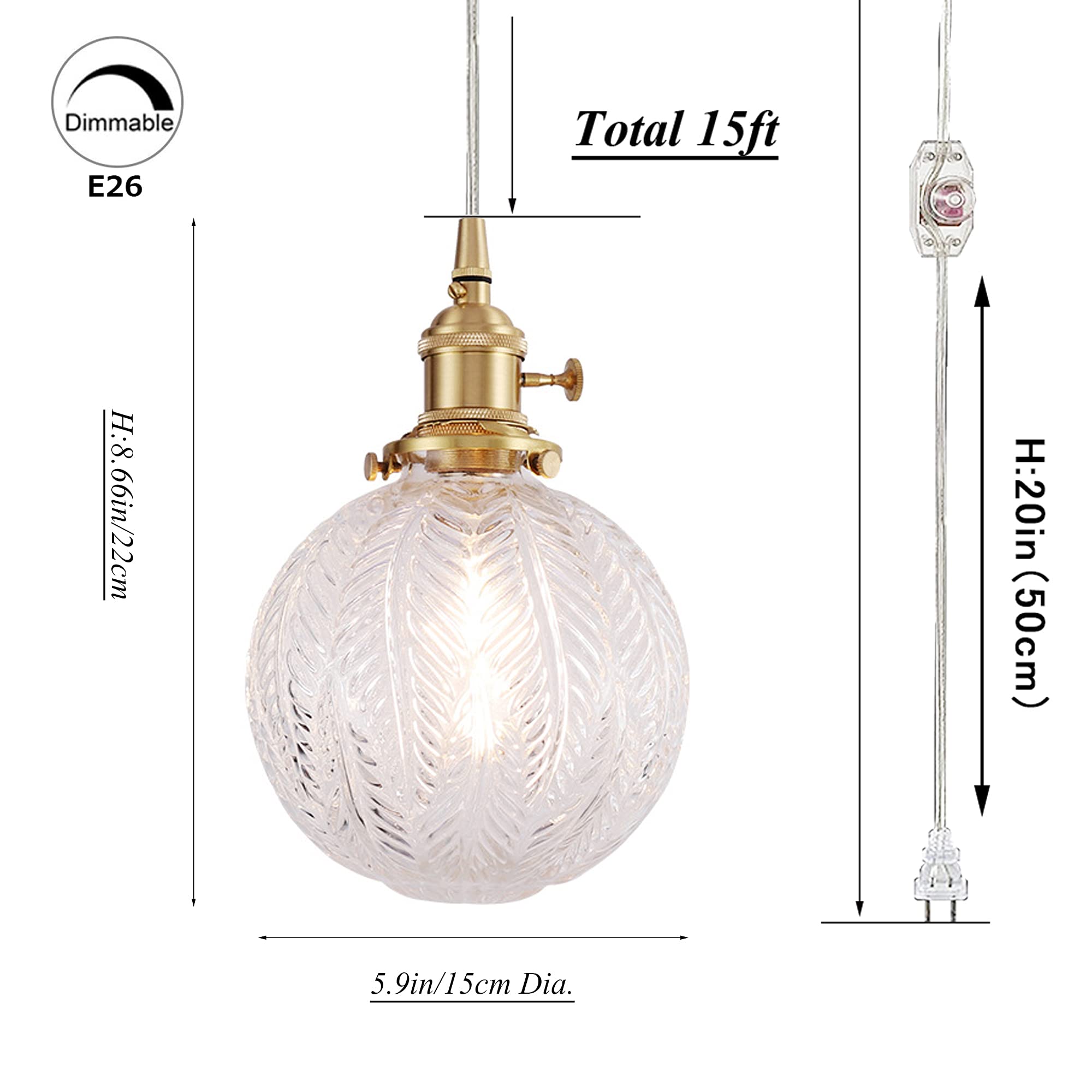 Plug-in Hanging Swag Lamp with 15ft Cord - No Wiring Needed Pendant Light with UL Certified On/Off Dimmer Switch, Clear Glass Globe Shade & Copper Holder - Perfect for Kitchen Island, Dining Room, Bedroom or Living Room Lighting