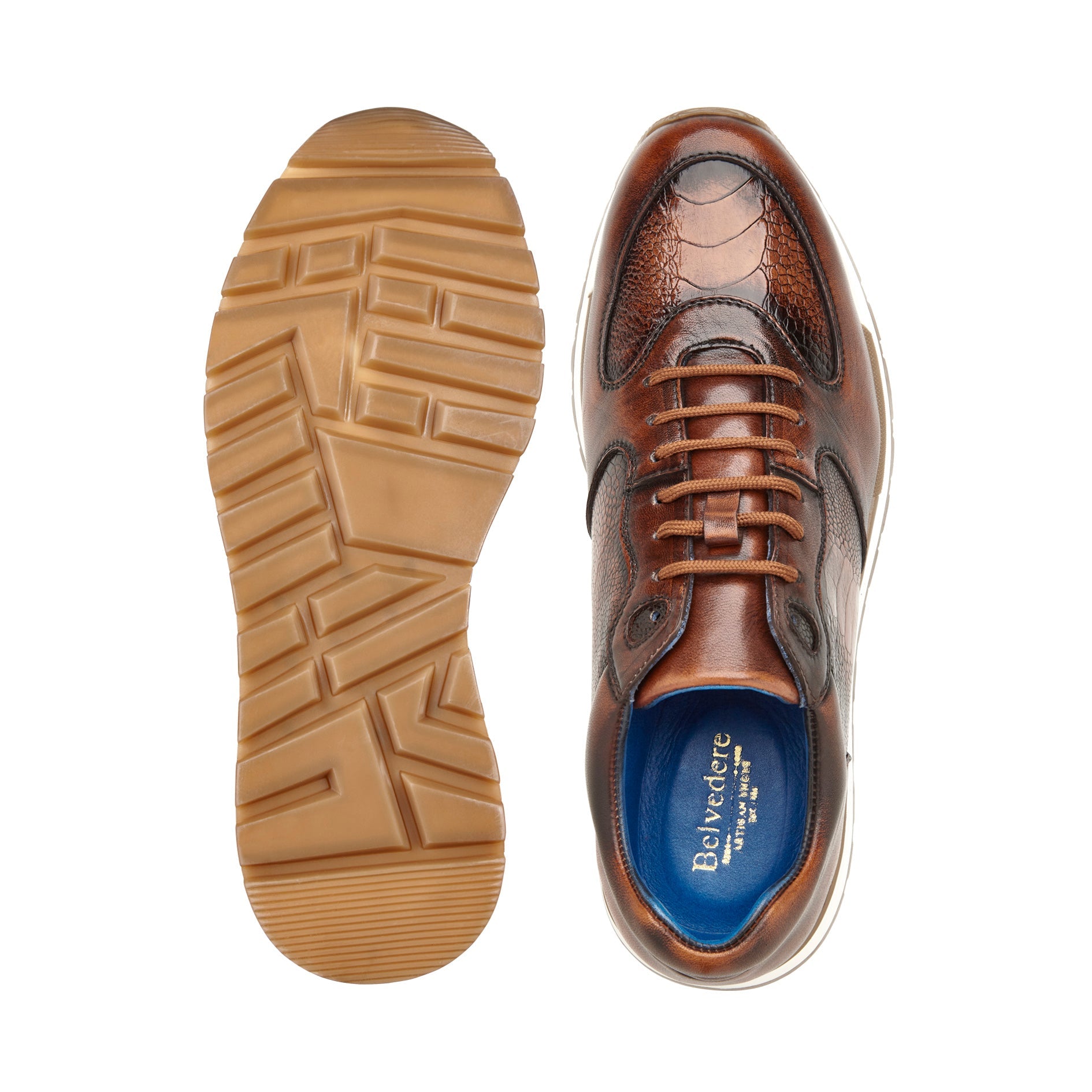 Belvedere Bobo Genuine Ostrich Leg & Italian Calf Leather Sneakers in Antique Walnut - G01 | Premium Men's Fashion Shoes for Casual Wear & Special Occasions
