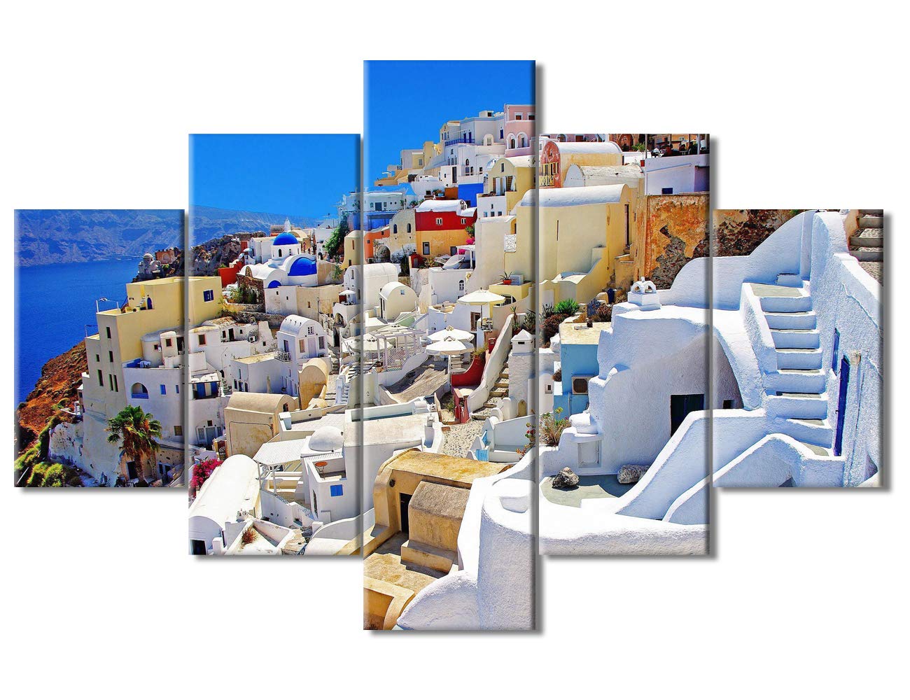 TUMOVO 5-Piece Seascape Wall Art Set - Oia Town, Aegean Sea Greece Coastal Wall Decor for Bedroom, Living Room & Dining Room - Wooden Framed Canvas Prints Ready to Hang (60''W x 40''H) - Perfect for Beach House, Vacation Home & Mediterranean Style Interior Design